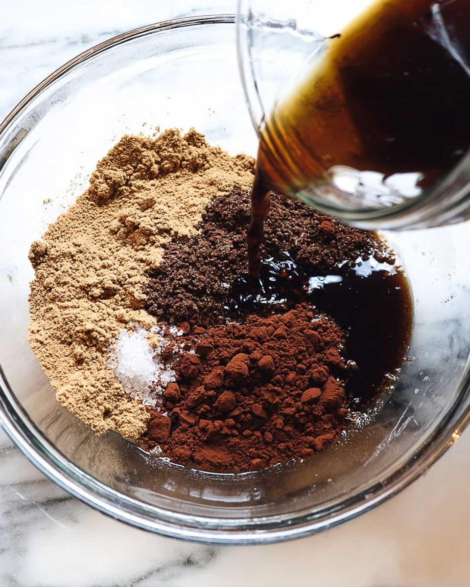 A clear glass bowl sits on a white marbled surface filled with dry and wet ingredients for baking. There is a layer of dark brown cocoa powder scattered in the bowl, a pile of light brown powder on one side, and a dark syrupy liquid spread around the cocoa. Transparent water is being poured from a glass jar into the bowl, creating a sense of motion. The textures include fine powder and shiny wet surfaces inside the bowl. photo taken with an iphone --ar 4:5 --v 7
