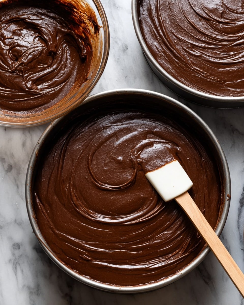 Two round metal baking pans are filled with smooth dark brown chocolate batter, evenly spread with swirl patterns on the top layers. One pan is in the foreground, holding a wooden spatula with a white tip resting inside, coated in the shiny chocolate batter. In the top left corner, a glass bowl shows leftover batter smeared along the inside edge. The pans and bowl sit on a white marbled surface. photo taken with an iphone --ar 4:5 --v 7