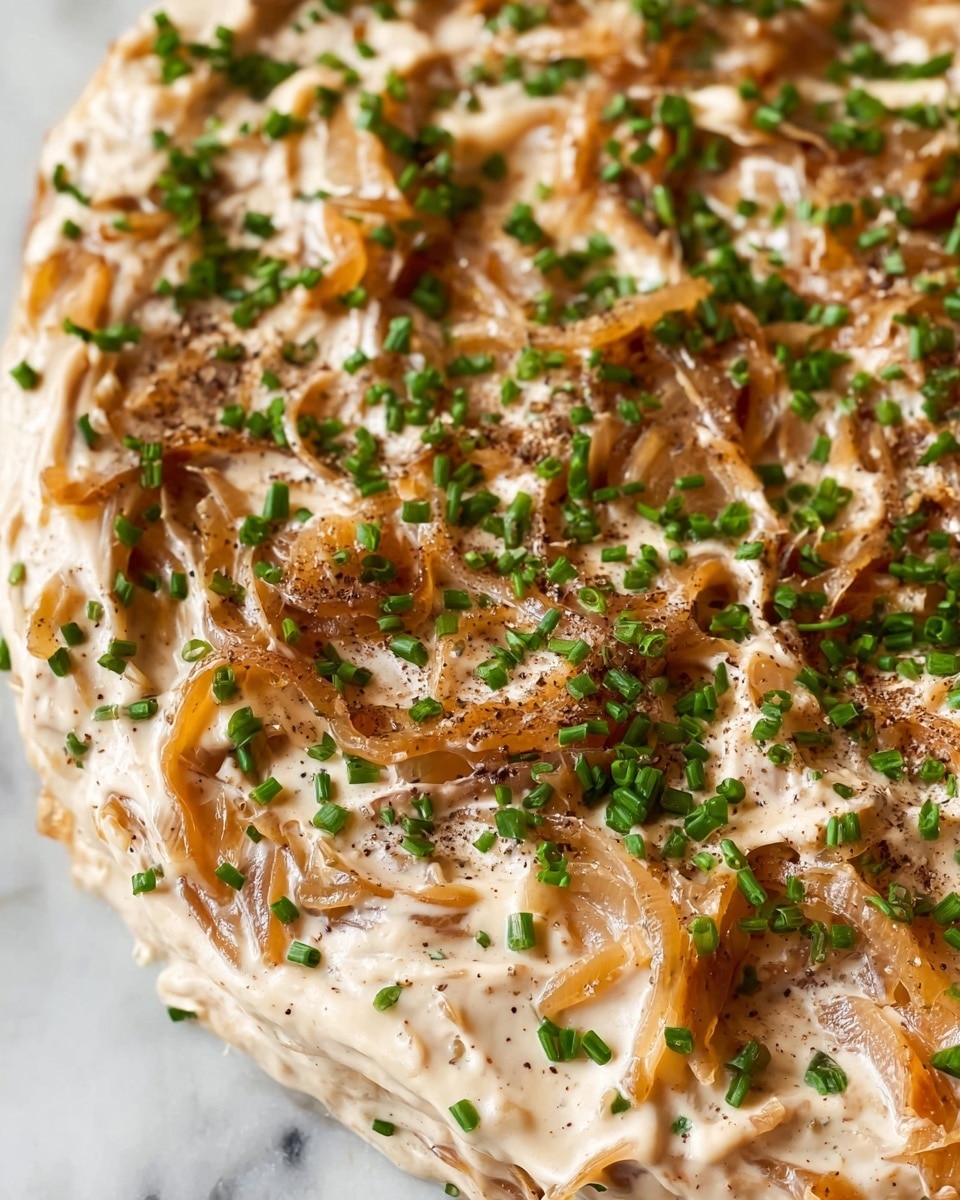 This image shows a creamy dish with three main layers visible in close-up. The base layer consists of thin, soft slices of light brown cooked onions mixed throughout. The middle layer is thick, smooth cream or sauce with a pale beige color, covering most of the onions and creating a rich texture. On top of everything, there are sprinkles of dark green chopped chives evenly spread around, along with small flecks of black pepper scattered over the surface. The dish rests on a white marbled surface. photo taken with an iphone --ar 4:5 --v 7