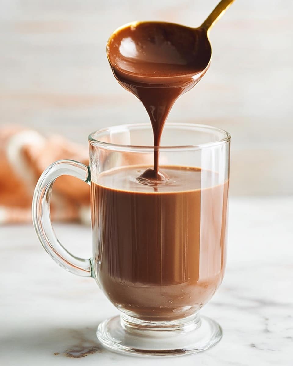 A clear glass mug with a handle is filled about halfway with smooth, thick brown liquid, likely chocolate sauce or hot chocolate. Above the mug, a gold-colored ladle is pouring more of the same rich, shiny brown liquid into the mug, creating a steady stream that catches the light. The background is soft and blurred with light colors, and the mug is set on a white marbled surface. photo taken with an iphone --ar 4:5 --v 7