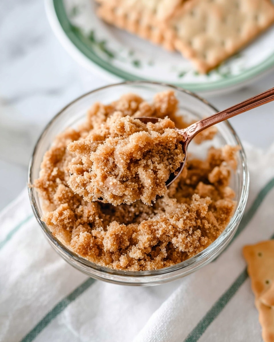 A close-up view of a glass bowl filled with chunky, light brown crumb topping with a coarse texture. A copper-colored spoon is lifting some of the crumb topping out of the bowl, showing rough, uneven clumps that look crunchy and sweet. The bowl is placed on a soft white cloth with green lines, all on a white marbled surface, and a white plate with green designs and some beige crackers is partly visible in the background. photo taken with an iphone --ar 4:5 --v 7