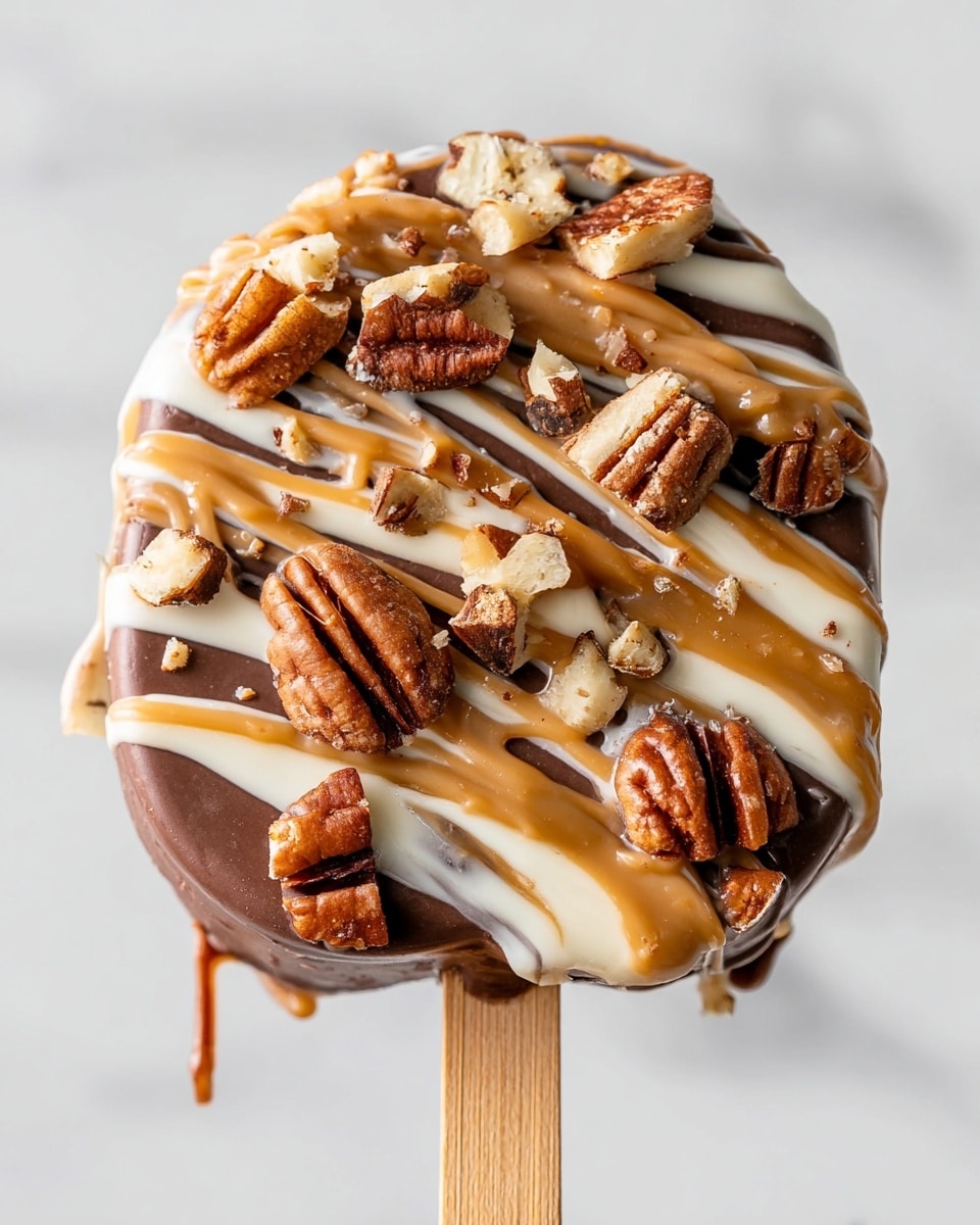 A close-up image of a layered chocolate treat on a wooden stick against a white marbled background. The base layer is smooth, dark brown chocolate forming a rounded, uneven shape. On top of this, there are thick swirls of light brown caramel and creamy white drizzle, spread unevenly over the surface. Scattered on top are pieces of chopped pecans, showing different shades of brown and textured rough edges. The treat has a shiny and slightly messy look with sauces dripping gently down the sides. Photo taken with an iphone --ar 4:5 --v 7