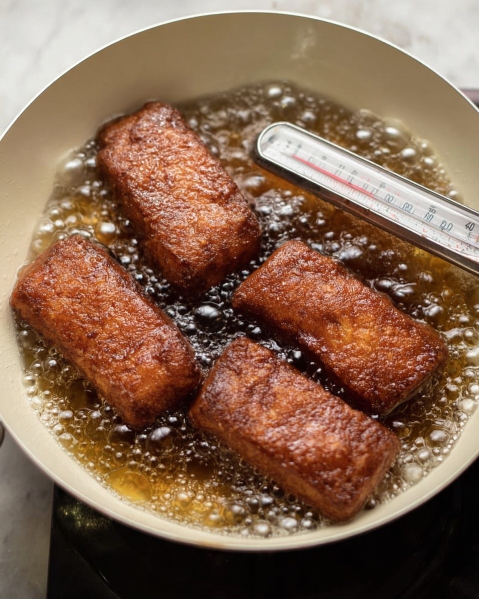 The image shows four rectangular brown food items frying in bubbling hot oil inside a white pan. The food pieces have a rough texture and deep brown color indicating they are well fried. A glass thermometer is placed in the oil, showing the temperature. The oil is actively bubbling around the food items, creating a lively, sizzling effect. The background and surface are a white marbled texture. photo taken with an iphone --ar 4:5 --v 7