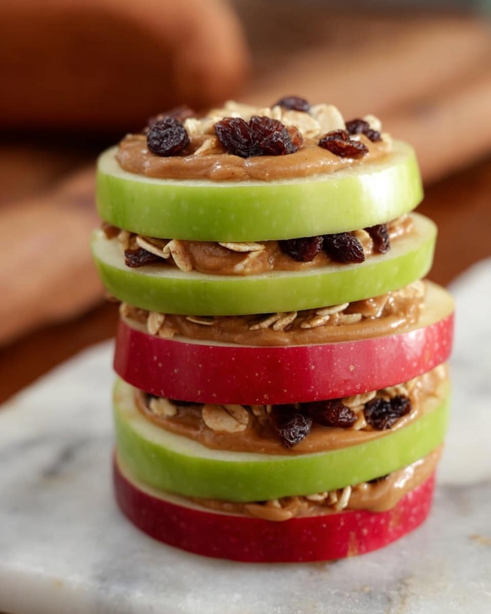 The image shows two apple sandwiches placed on a white marbled surface. The first sandwich has two thick red apple slices forming the top and bottom layers. Between these slices, there is a layer of light brown peanut butter spread evenly, topped with a sprinkle of oats and dark raisins. The second sandwich, partially visible, has two green apple slices with the same filling of peanut butter, oats, and raisins inside. In the background, there are blurred bowls with a wooden texture, one containing white pieces and another filled with dark raisins. Photo taken with an iphone --ar 4:5 --v 7