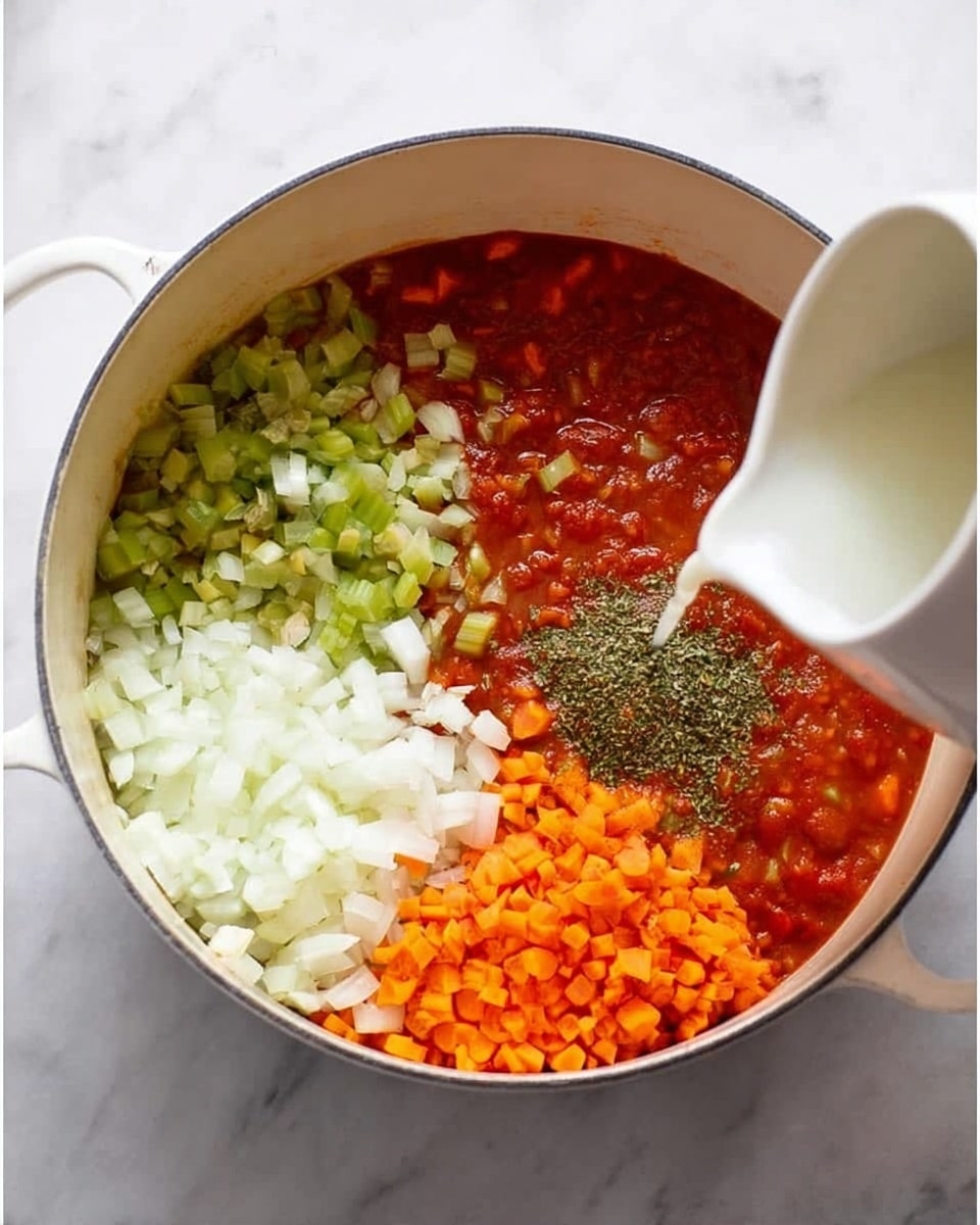 A white pot sitting on a white marbled surface contains three separate layers of chopped vegetables at the bottom: diced white onions on the left, chopped green celery in the middle, and finely chopped orange carrots on the right. In the second image, the same pot has an added thick red layer of tomato sauce covering half of the vegetables at the top, with a dark sprinkle of green dried herbs on the right side of the tomato layer. A white liquid is being poured from a white pitcher into the pot, blending with the chopped vegetables at the bottom. Photo taken with an iphone --ar 4:5 --v 7