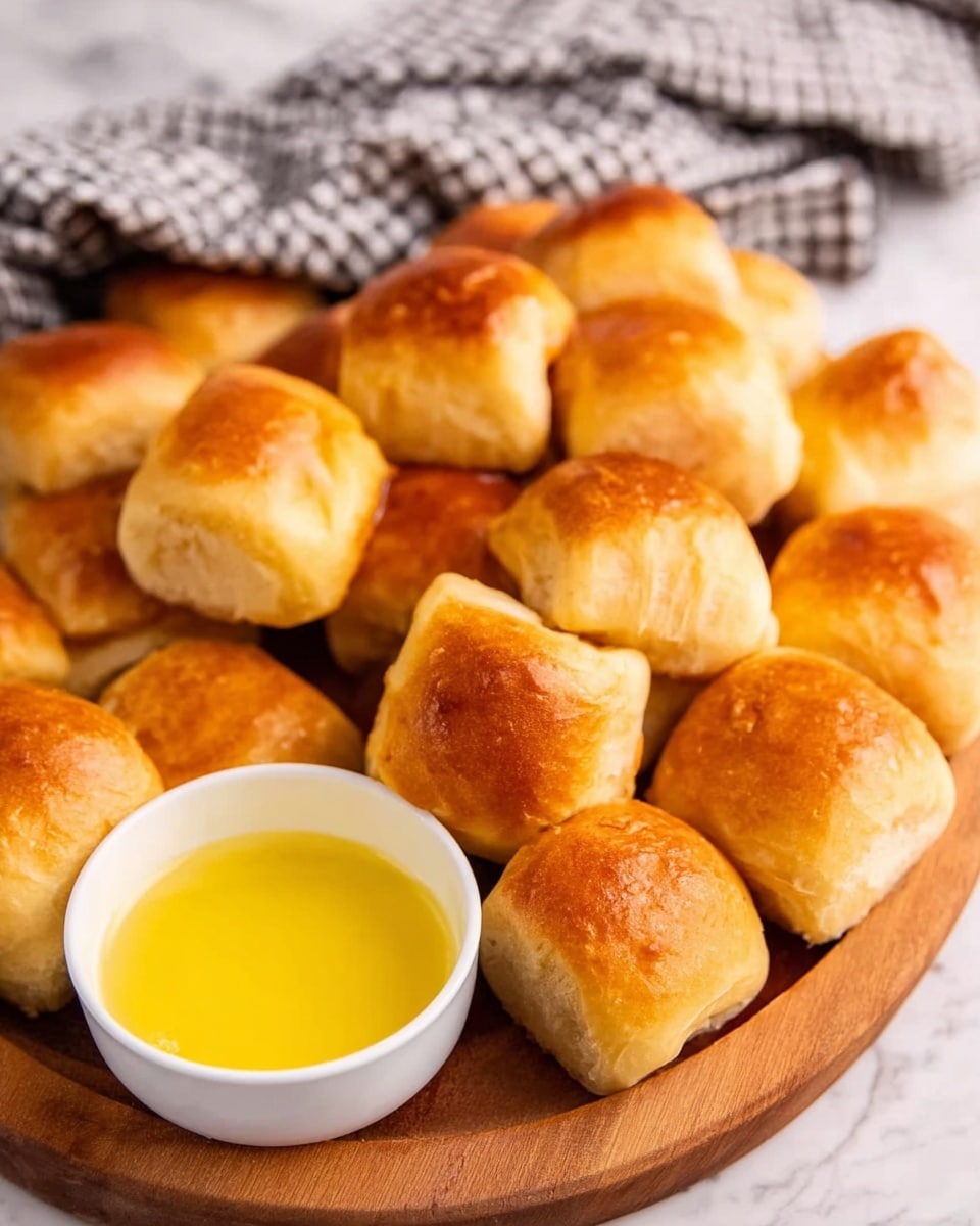 The image shows many golden brown bread rolls arranged on a round wooden board, each roll with a soft, slightly shiny, and slightly uneven textured crust. Near the bottom left side of the board, there is a small white bowl filled with melted butter, glossy and smooth in texture. The background has a white marbled surface with a gray checked cloth casually placed behind the bread rolls. The lighting highlights the warm colors and soft textures of the rolls and butter, giving the image a cozy feel. Photo taken with an iphone --ar 4:5 --v 7