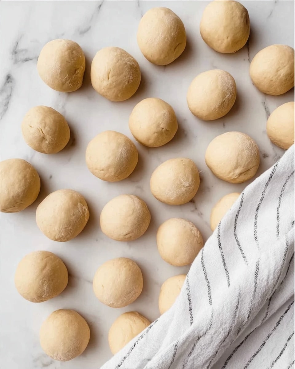 The image shows many small, smooth dough balls spread out on a white marbled surface. The dough balls are pale beige in color, round, and slightly puffy, showing a soft texture. In the bottom right corner, there is a white cloth with thin black stripes partially covering some dough balls. The arrangement is casual and spaced evenly, giving a clean and fresh look to the scene. Photo taken with an iphone --ar 4:5 --v 7