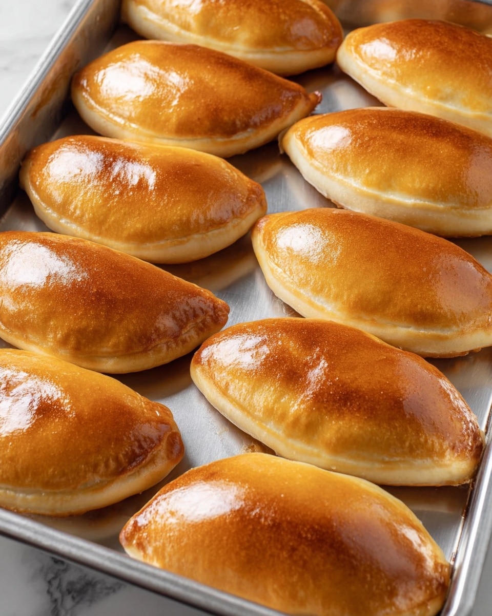The image shows a metal tray filled with ten golden-brown baked pastries arranged in neat rows. Each pastry has a shiny, smooth top layer with a slightly darker golden shade around the edges, creating a glossy and appetizing look. The pastries are half-moon shaped, with a visible seam where the dough is folded over the filling, and the bottom portion of each pastry is a lighter, soft beige color, indicating the thicker dough underneath the glossy top. The tray is sitting on a white marbled surface, enhancing the warm colors of the pastries. photo taken with an iphone --ar 4:5 --v 7