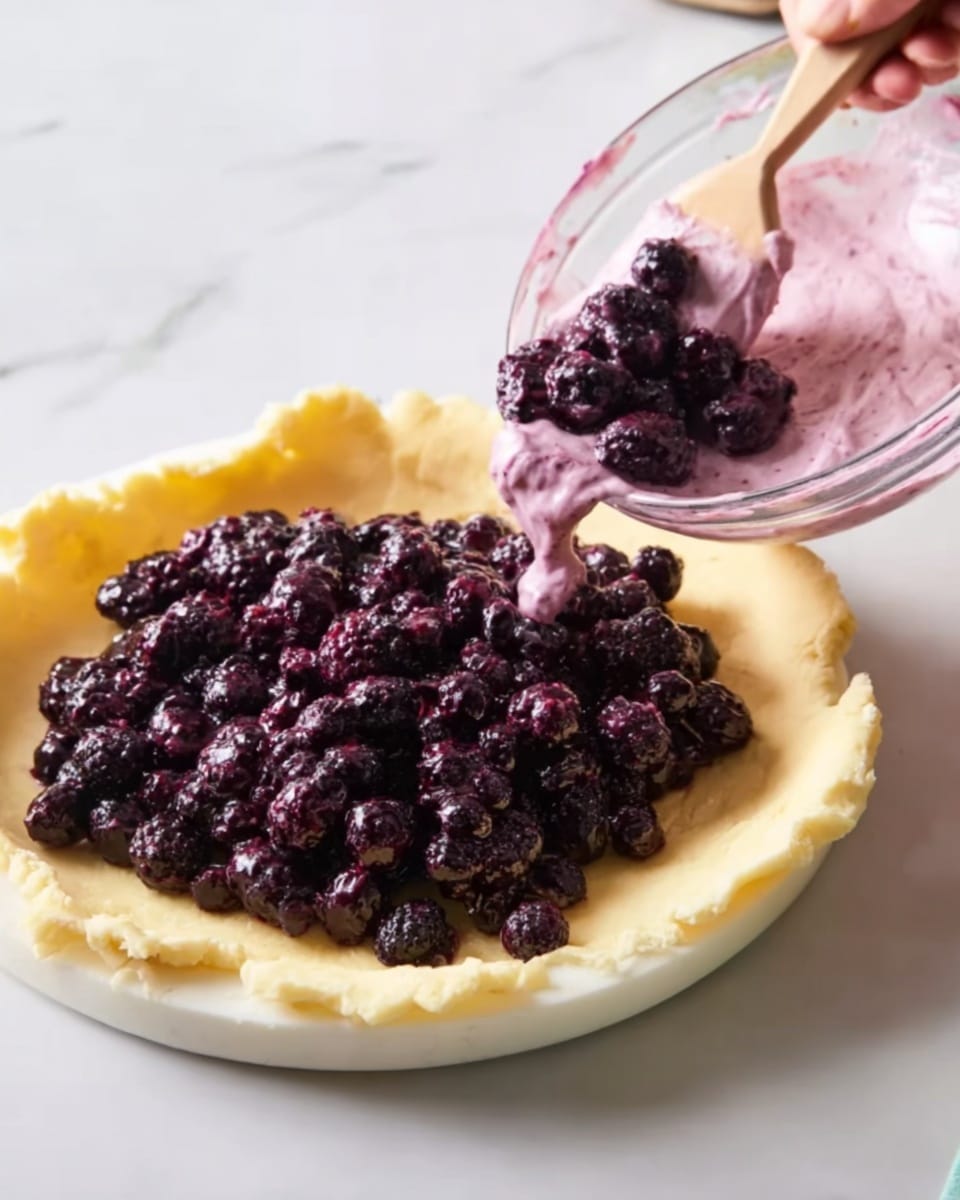 A white round plate with a light yellow dough laid flat and uneven around the edges, placed on a white marbled surface. On top of the dough, a woman's hand is pouring dark purple berries mixed with a light pink creamy sauce from a clear bowl using a spatula. The berries are plump and shiny, and the sauce coats them softly, creating a thick, textured layer. Photo taken with an iphone --ar 4:5 --v 7