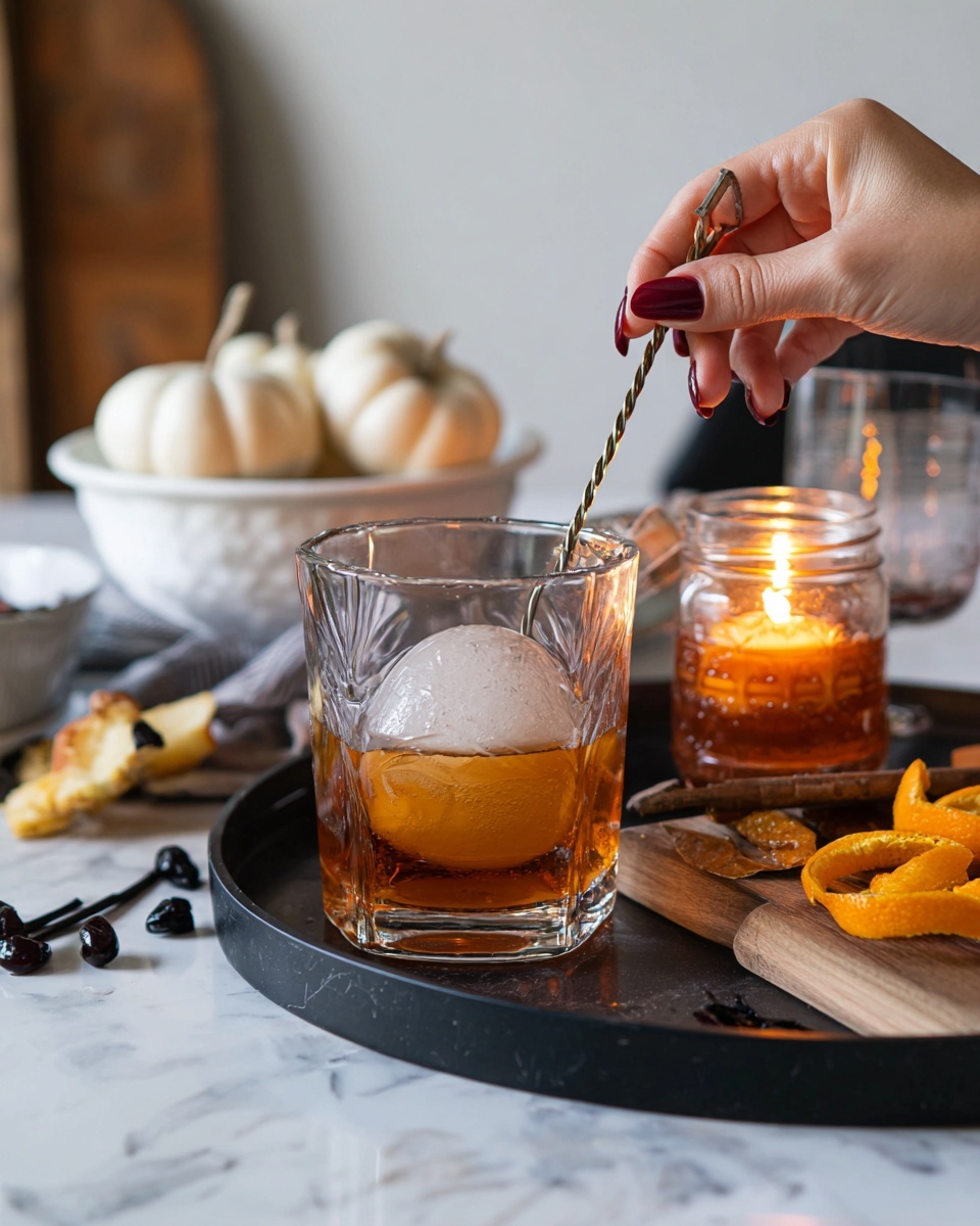 A clear glass mixing cup sits on a black tray on a white marbled surface. Inside the mixing cup, there is a large, round ice ball resting in a golden-brown liquid. A woman's hand with dark red nail polish is stirring the drink with a twisted metal stirring stick. Next to the cup is a small glass jar filled with honey, a lit candle glowing softly, and a wooden cutting board with orange peels and a couple of dark vanilla beans. In the background, there is a white bowl and a white dish holding small white pumpkins and dark cherries. Photo taken with an iphone --ar 4:5 --v 7