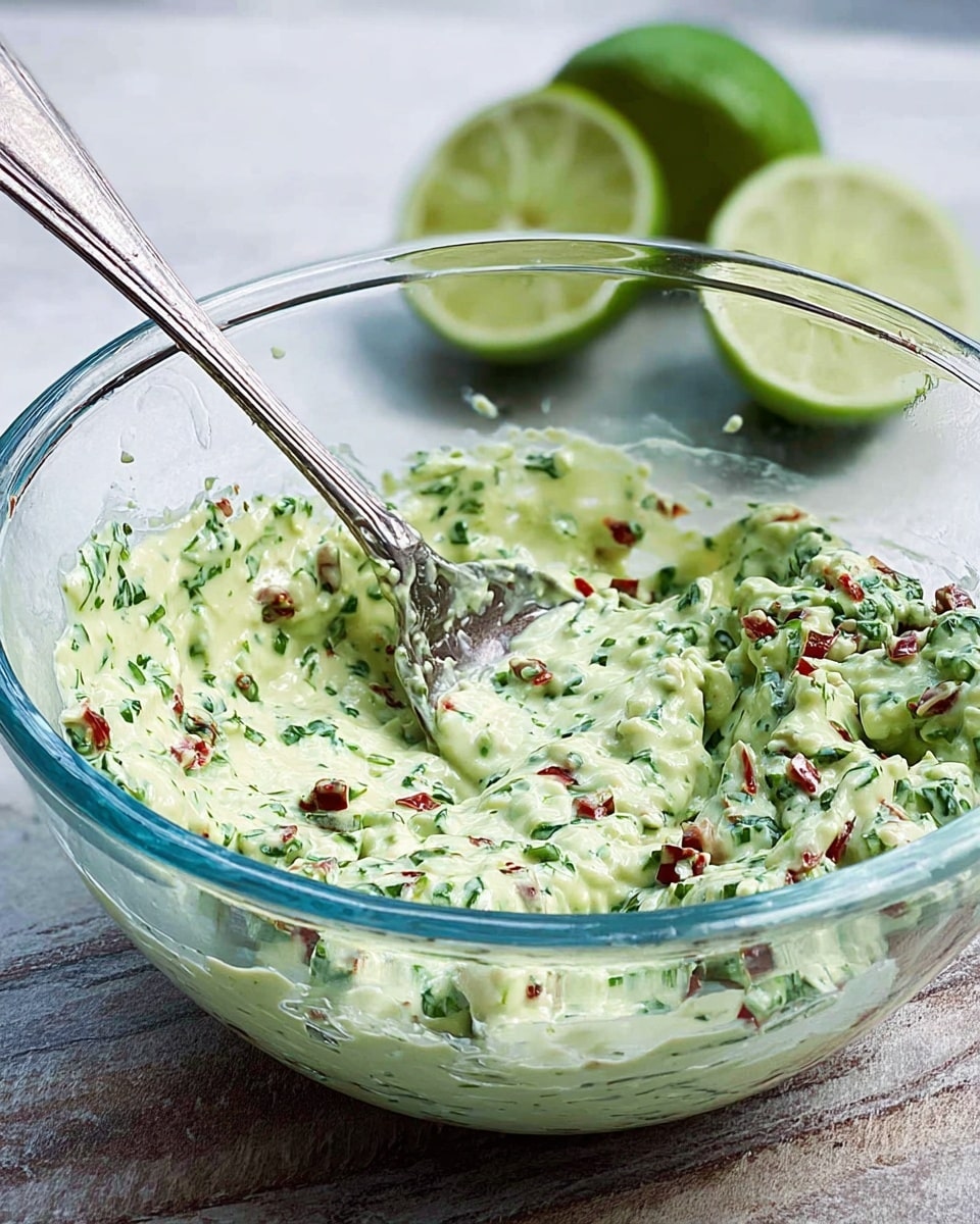 A clear glass bowl filled with a creamy, light green mixture that has visible small pieces of red and dark green herbs spread throughout, giving it a textured, mixed appearance. A silver fork is partly dipped into the mixture from the left side of the bowl. Behind the bowl, two halves of a light green lime are placed close together on a white marbled surface. The focus is on the mixture inside the bowl. Photo taken with an iphone --ar 4:5 --v 7