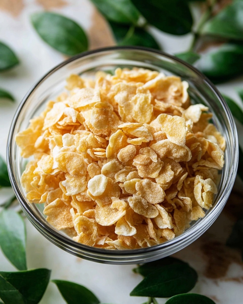 A clear glass bowl filled with light yellow and pale white crunchy corn flakes. The flakes have a mix of smooth and rough textures, some slightly curled and others flat. The bowl sits on a white marbled surface with green leaves around the edges, adding a fresh touch. The focus is on the flakes, showing their layered, flaky shapes close up. Photo taken with an iphone --ar 4:5 --v 7