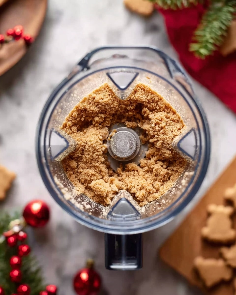 The image shows a top view inside a blender with light brown crumbly spices or crushed cookies in a single layer, centered over the sharp metal blades at the bottom. The blender container is clear and placed on a white marbled surface with blurred holiday decorations like small red baubles and pine branches out of focus in the background. Photo taken with an iphone --ar 4:5 --v 7