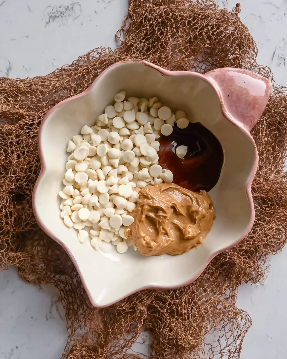 The image shows a white flower-shaped bowl with a pink handle placed on a brown net-like cloth over a white marbled surface. Inside the bowl, there are three main ingredients separated in small piles: white chips that cover most of the bottom, a smooth light brown dollop of peanut butter in the center-right, and a dark brown thick sauce in the top-left. The white chips are round, flat, and smooth, while the other two ingredients have creamy textures. photo taken with an iphone --ar 4:5 --v 7