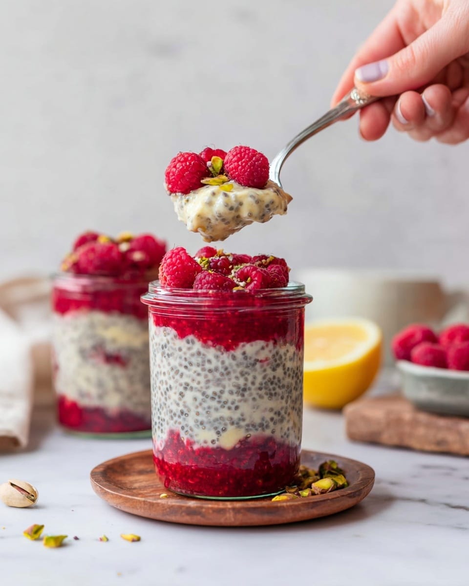 The image shows a clear glass jar filled with three main layers: the bottom layer is bright red raspberry puree, the middle layer is creamy chia seed pudding with small black specks, and the top layer is another thin layer of raspberry puree mixed with the pudding. Fresh raspberries are placed inside the jar and on top as decoration. A woman's hand is holding a spoon with a scoop of the pudding and raspberry mix above the jar. The jar sits on a small wooden plate on a white marbled surface. In the background, there is a second jar with the same dessert, some scattered pistachio pieces, a bowl with raspberries, and part of a sliced lemon. Photo taken with an iphone --ar 4:5 --v 7