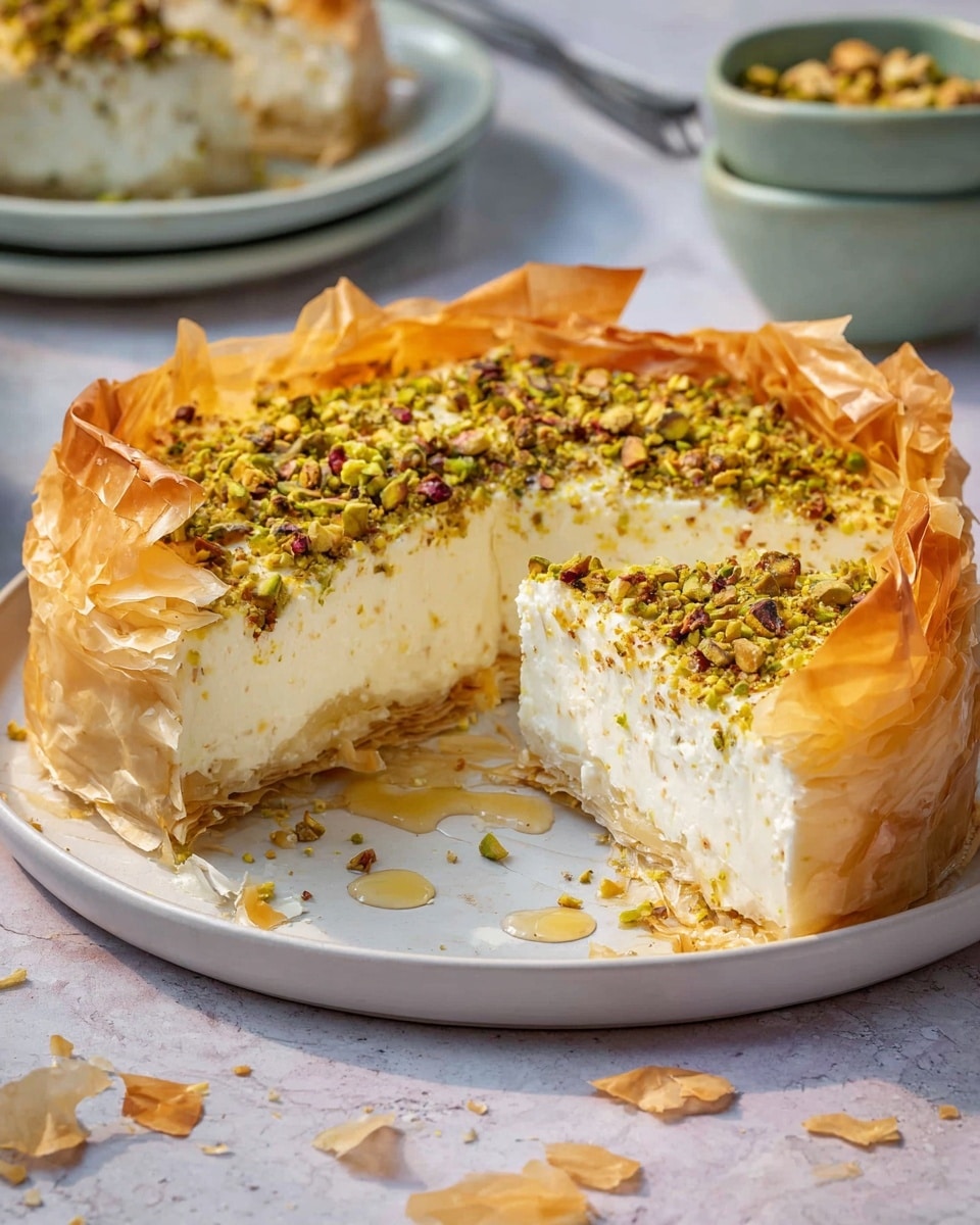A slice of creamy white cheesecake sits on a white plate with a silver fork nearby. The cheesecake has three visible layers: a bottom layer of mixed nuts and crumbs in shades of brown and green, a thick middle layer of smooth, pale cream cheese, and a top layer sprinkled with chopped green pistachios and golden brown caramelized nuts. Thin, flaky, light golden brown pastry pieces decorate the back edge of the slice. Honey is being drizzled from a wooden honey dipper onto the top of the cheesecake. The background is a white marbled surface. Photo taken with an iphone --ar 4:5 --v 7