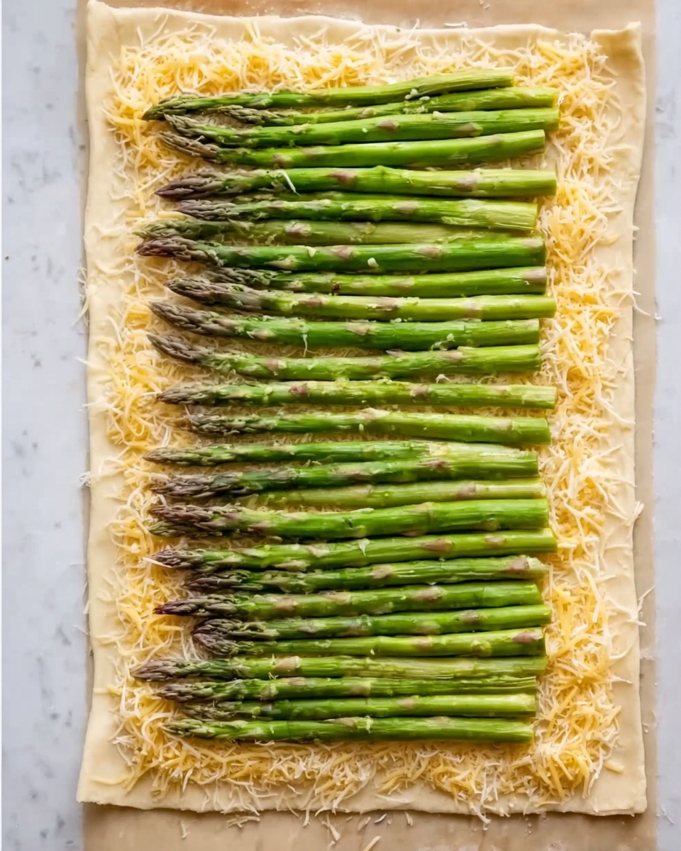 The image shows a rectangular puff pastry sheet laid flat on a white marbled surface, topped with a layer of shredded pale yellow cheese evenly spread across the entire pastry. On top of the cheese, there are 11 long green asparagus stalks neatly placed in parallel rows from top to bottom, creating a uniform pattern. The asparagus stalks are vibrant green with some light purple tips, and they rest flat and evenly spaced over the cheese layer. The texture of the pastry edges is smooth and slightly raised compared to the cheese and asparagus. photo taken with an iphone --ar 4:5 --v 7