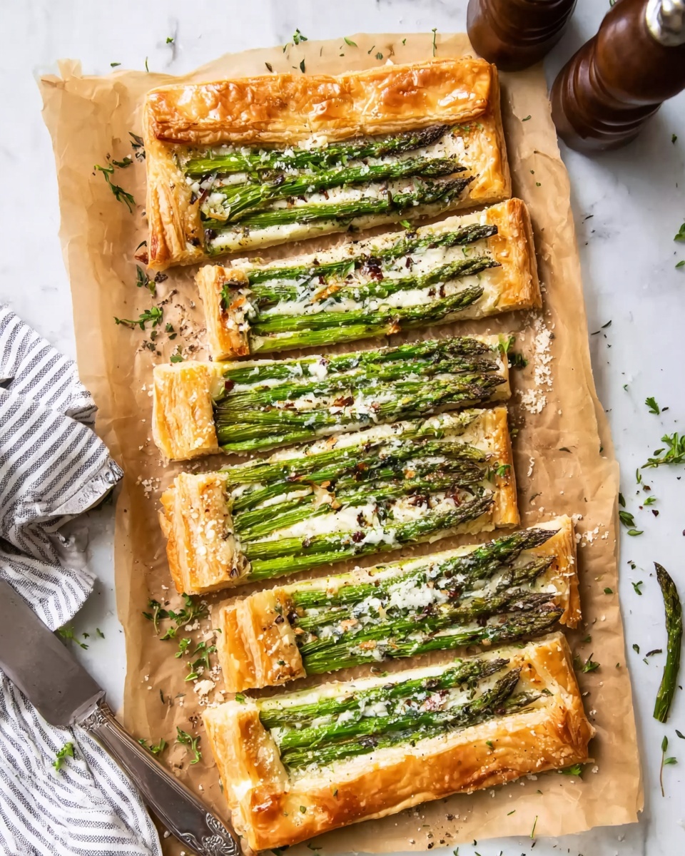 The image shows a rectangular puff pastry tart cut into six slices, placed on parchment paper over a white marbled surface. The tart has a golden-brown, flaky crust with a slightly puffed edge. The top layer is covered with small strips of green asparagus stalks laid parallel in neat rows. Underneath the asparagus, there is a creamy white cheese layer mixed with shredded cheese that has a light yellow color. The tart is garnished with freshly ground black pepper and small sprigs of green herbs, adding texture and a natural touch. Photo taken with an iphone --ar 4:5 --v 7