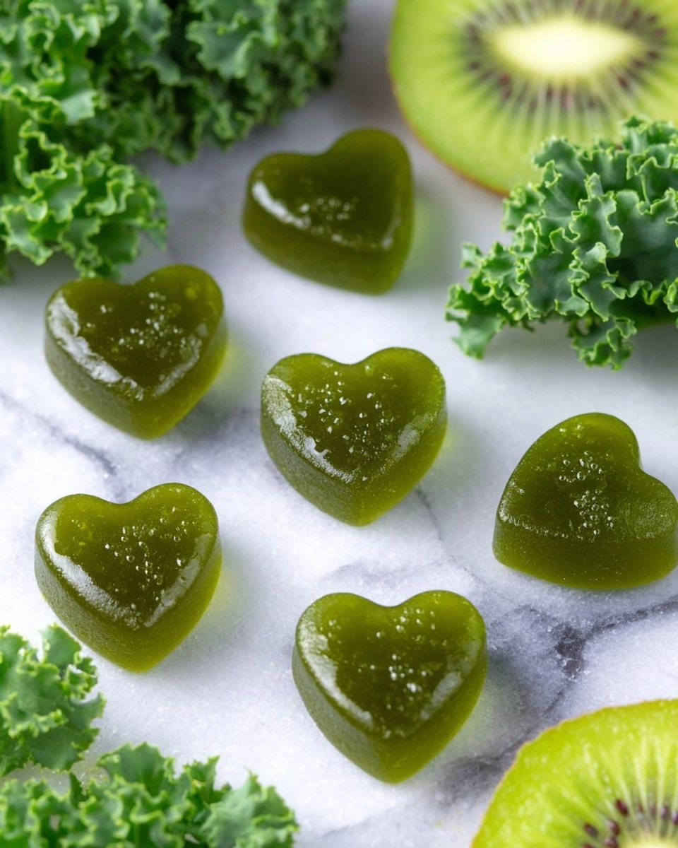 The image shows a white marbled surface with several elements arranged on it. There are small heart-shaped green jelly-like pieces scattered on the left side. Towards the top left, a whole green apple is partly visible next to a bunch of broccoli with tight, dark green florets. In the middle of the image, two slices of kiwi are placed side by side, showing their light green inside with black seeds. Below the kiwi slices, there are fresh curly kale leaves with a rough, crinkled texture and dark green color. The overall setup is bright and fresh, with a natural, healthy feel. photo taken with an iphone --ar 4:5 --v 7