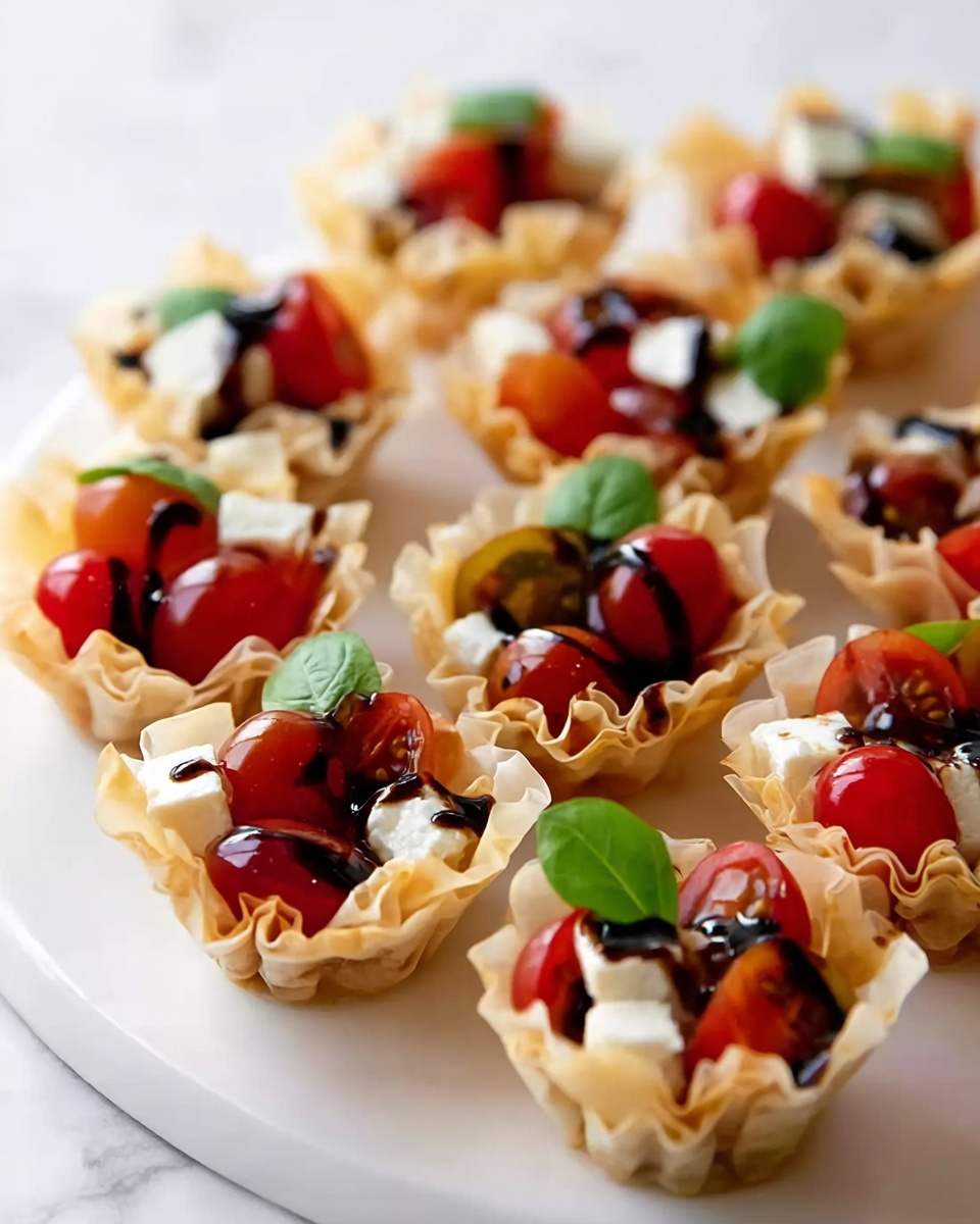 The image shows a white cake stand on a white marbled surface holding small bite-sized tartlets. Each tartlet has a crispy golden shell filled with a mix of creamy cheese, fresh green basil leaves, and bright red cherry tomato halves. The layers are distinct with the crunchy shell on the bottom, a soft white creamy layer in the middle, and vibrant red and green vegetables on top. Some tartlets show a woman's hand placing or holding one. The light is bright and natural, making the colors of the ingredients stand out sharply. photo taken with an iphone --ar 4:5 --v 7
