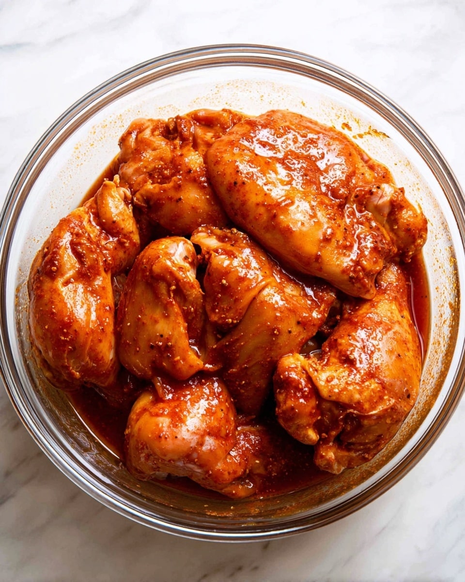 A clear glass bowl filled with several pieces of raw chicken covered in a shiny, deep orange-red marinade with visible spices, giving the chicken a smooth, wet texture. The chicken pieces are closely packed in the bowl, which sits on a white marbled surface. The marinade looks thick and coats each piece evenly, enhancing the rich color of the chicken photo taken with an iphone --ar 4:5 --v 7
