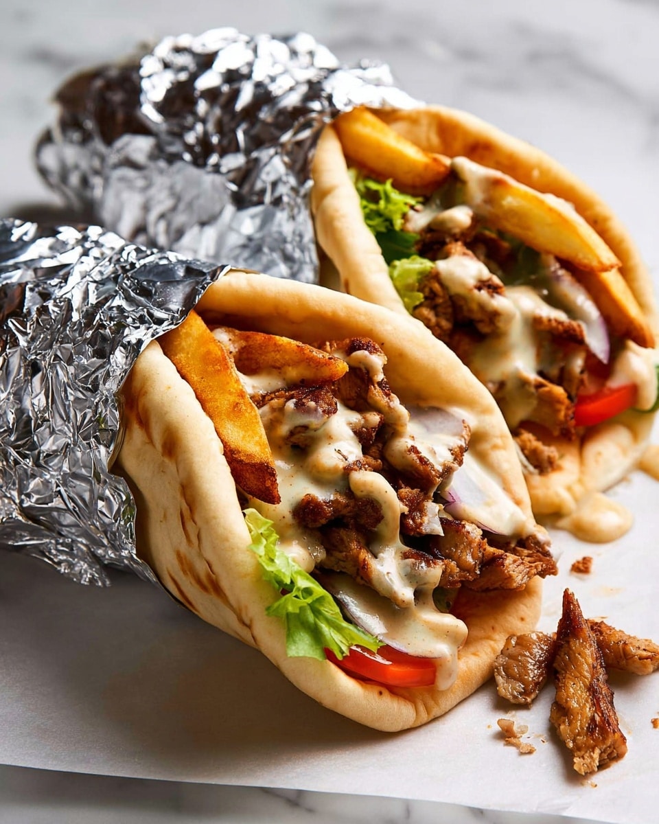 Two wraps are shown partially wrapped in shiny aluminum foil, resting on white parchment paper over a white marbled surface. Each wrap has a soft, slightly toasted flatbread folded into a cone shape. Inside, there are three main visible layers: a base layer of grilled, browned meat with some crispy edges, a middle layer of fresh, bright green lettuce and a red tomato slice, and a top layer of creamy, light brown sauce drizzled over the ingredients. Some small pieces of meat have fallen out onto the paper, adding texture to the scene. The photo taken with an iphone --ar 4:5 --v 7