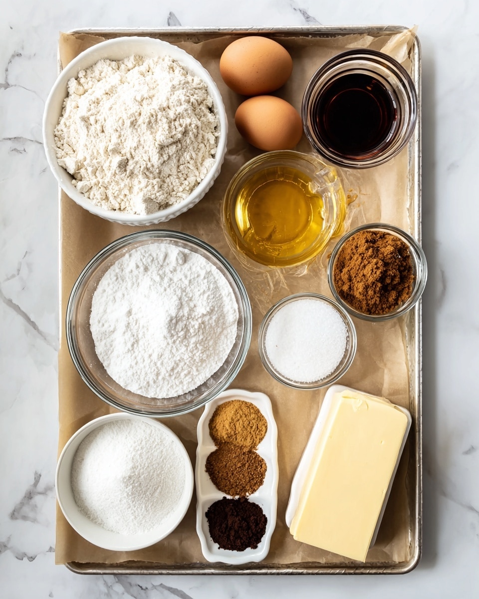 The image shows a baking tray lined with parchment paper placed on a white marbled surface, holding various baking ingredients in separate white bowls and clear glass containers. There are two brown eggs on the tray near a small glass container filled with dark syrup. A large white bowl contains white flour with a small glass bowl of golden liquid on top. Below that, a large glass bowl is filled with white powdered sugar, while next to it two small glass bowls contain white baking soda and another white powder. A medium-sized glass bowl is filled with dark brown sugar. On a small white dish, there are three piles of ground spices with colors ranging from light beige to dark brown. At the bottom right corner of the tray, a block of pale yellow butter rests on parchment. The whole setup is neat, brightly lit, and ready for baking photo taken with an iphone --ar 4:5 --v 7