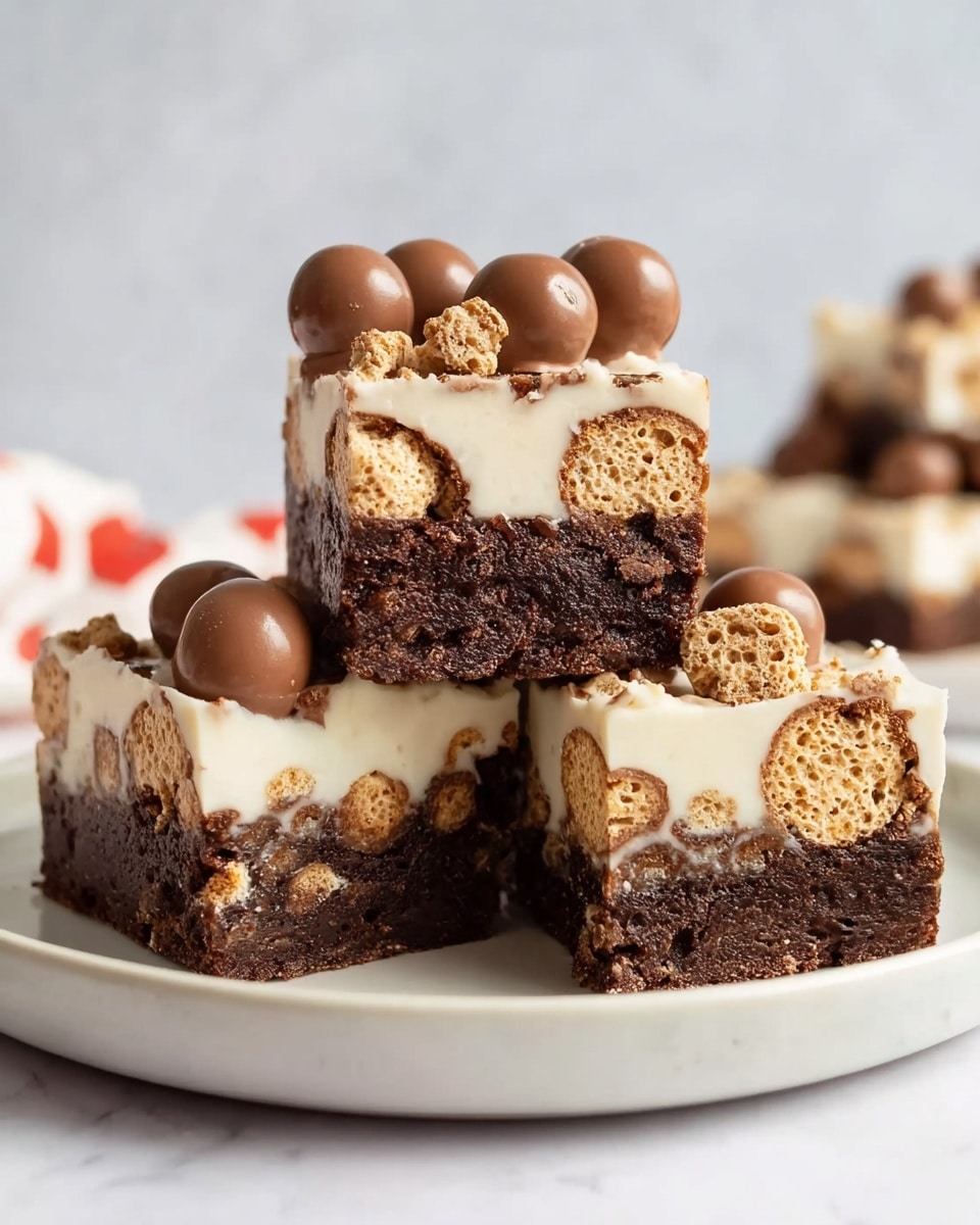 Three square pieces of a chocolate dessert are stacked on a white plate with a white marbled surface in the background. Each piece has two main layers: a thick bottom layer that is dark brown with visible light brown crunchy honeycomb-filled balls embedded inside, and a smoother, creamy white top layer sprinkled with pieces of these honeycomb balls and whole chocolate spheres. The texture of the bottom layer looks dense and slightly crumbly, while the top layer is smooth and glossy. Photo taken with an iphone --ar 4:5 --v 7