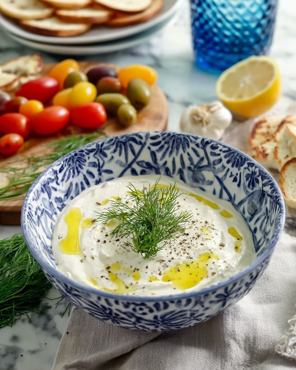 A blue and white patterned bowl filled with a creamy white dip layered with small light yellow oil drizzles and sprinkled with black pepper on top, garnished with a small bunch of fresh bright green dill placed in the center. The bowl sits on a soft light gray cloth against a white marbled surface, near a wooden board with colorful grape tomatoes, green dill sprigs, a lemon wedge, and a bulb of garlic. In the background, there is a white bowl with round toasted bread slices and a white and blue patterned plate next to a blue textured glass. Photo taken with an iphone --ar 4:5 --v 7