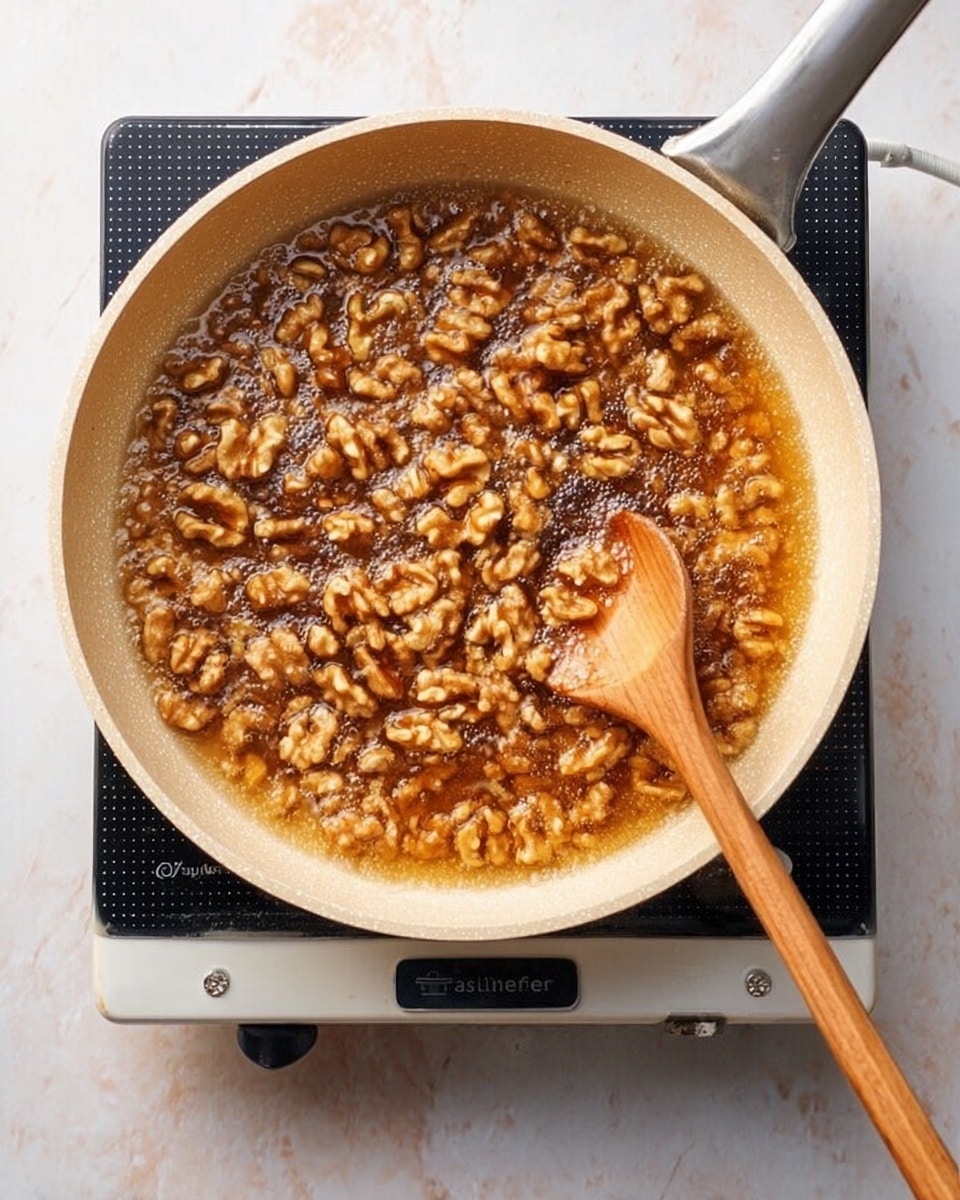 The image shows a light-colored pan filled with walnuts simmering in a syrupy liquid. The walnuts are spread evenly across the pan’s round base and are a golden brown shade, covered in bubbling amber sauce. A wooden spoon stirs the mixture from the bottom right, angled into the nuts. The pan sits on a black and white hotplate with simple controls visible, placed on a white marbled surface. The light reflects softly on the syrup and walnuts, showing a warm cooking scene. Photo taken with an iphone --ar 4:5 --v 7
