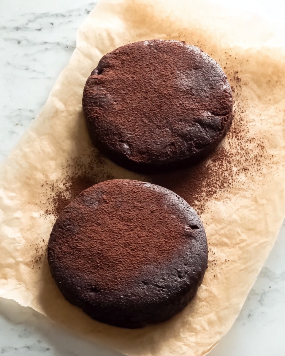 The image shows two thick, dark brown chocolate cake rounds placed on parchment paper lightly dusted with cocoa powder. Both rounds have a slightly cracked surface and a dense, rich texture. The parchment paper sits on a white marbled surface. The scene is simple, focusing on the deep chocolate color and texture of the cakes. photo taken with an iphone --ar 4:5 --v 7