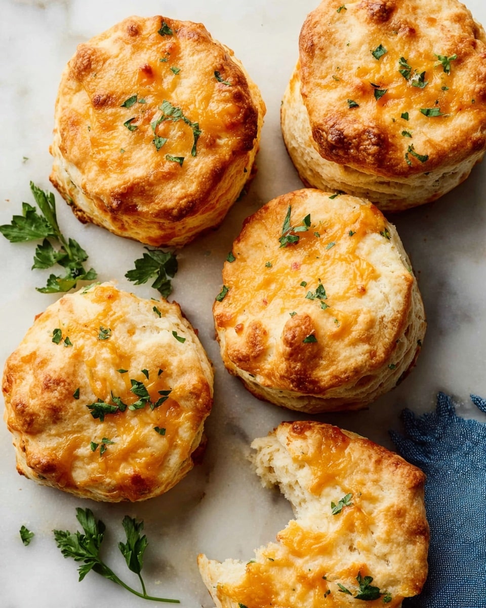 The image shows six golden brown biscuits with a crispy top and soft, flaky layers visible on the sides. Each biscuit has about four to five layers with a light orange tint from melted cheese baked into the dough. The tops are sprinkled with small green parsley leaves, adding a fresh color contrast. The biscuits are arranged directly on a white marbled surface, with one biscuit partially torn to show the soft inside. A small sprig of parsley and a folded blue napkin appear near the biscuits for decoration. Photo taken with an iphone --ar 4:5 --v 7