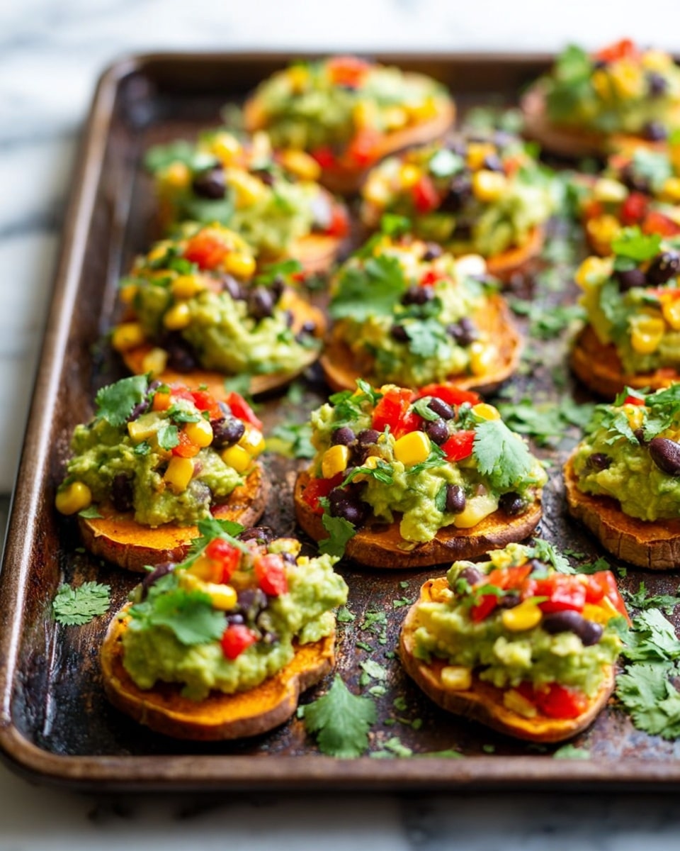 The image shows a baking tray filled with small round slices of roasted sweet potato as the base layer, each topped with a thick scoop of chunky green guacamole mixed with tiny pieces of onion and cilantro. On top of the guacamole, there are colorful layers of scattered corn kernels, black beans, and small diced red bell pepper pieces. Fresh cilantro leaves are sprinkled on the tray and among the pieces. The texture of the sweet potato slices is slightly crispy around the edges, and the guacamole looks creamy but chunky. The baking tray sits on a white marbled surface. photo taken with an iphone --ar 4:5 --v 7