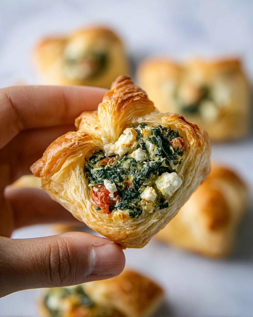 A close-up of a small puff pastry square held by a woman's hand, showing a golden, flaky crust that folds over the filling at the corners. Inside the pastry, layers of textured green spinach, white crumbly cheese, and small pieces of red tomato are visible. In the blurred background, several more of the same pastries rest on a white marbled surface. The soft lighting highlights the pastry’s crisp edges and the colors of the filling, creating a fresh look. Photo taken with an iphone --ar 4:5 --v 7