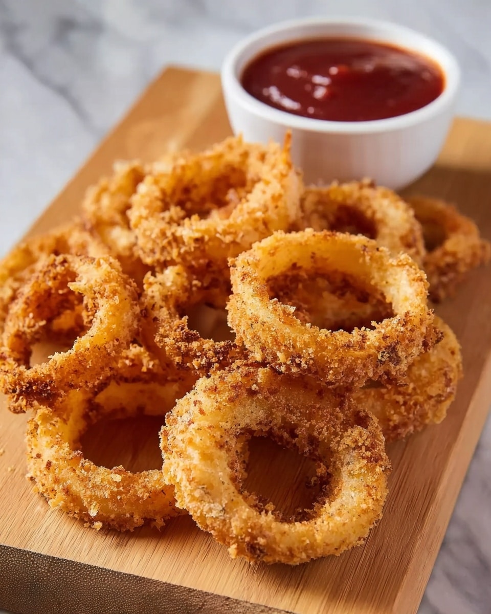 A wooden cutting board on a white marbled surface holds several golden brown fried onion rings that show a rough, crispy texture. The onion rings are stacked randomly, giving a sense of fullness and crunchiness. At the back of the board, a small white ceramic bowl filled with deep red dipping sauce sits neatly, adding a smooth and shiny contrast to the rough onion rings. Photo taken with an iphone --ar 4:5 --v 7