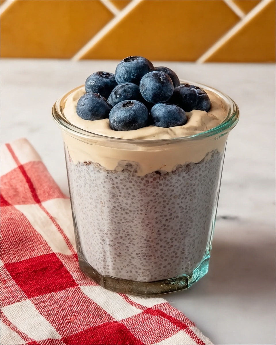 A clear glass cup shows two layers: the bottom layer is a thick, light gray chia pudding with tiny dark seeds spread evenly, and the top layer is a smooth, light beige cream. On top of the cream are seven plump, fresh blueberries with a deep blue color. The cup is placed on a white marbled surface, with a folded red and white checkered cloth near it. The background consists of yellowish-brown diagonal tiles. photo taken with an iphone --ar 4:5 --v 7