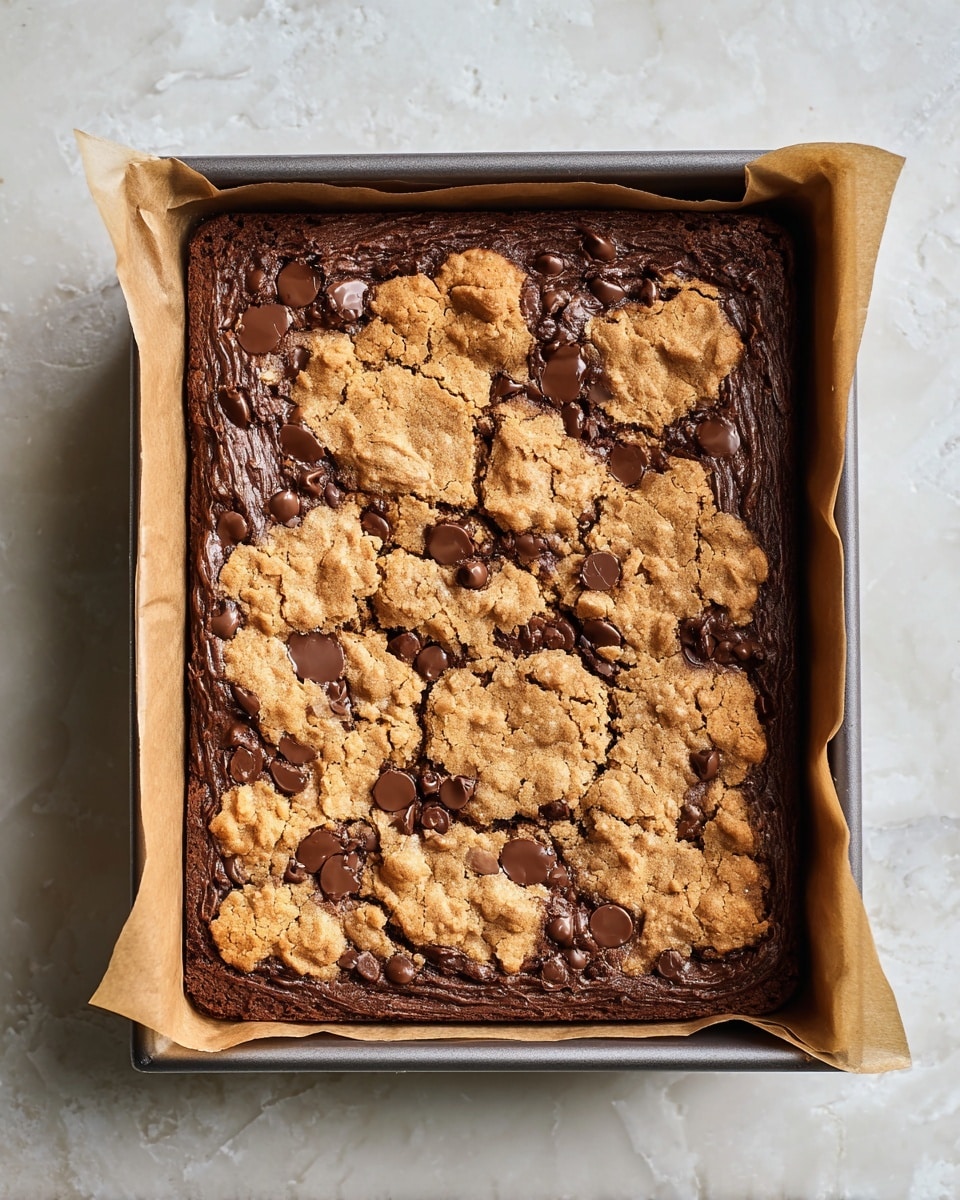 A square baking pan lined with brown parchment paper holds a baked dessert with two visible layers. The bottom layer is dark brown, smooth, and slightly shiny, indicating a baked chocolate base. The top layer is a golden brown cookie dough baked in irregular large patches across the surface, with small chocolate chips embedded in it. The pan sits on a white marbled texture surface. photo taken with an iphone --ar 4:5 --v 7