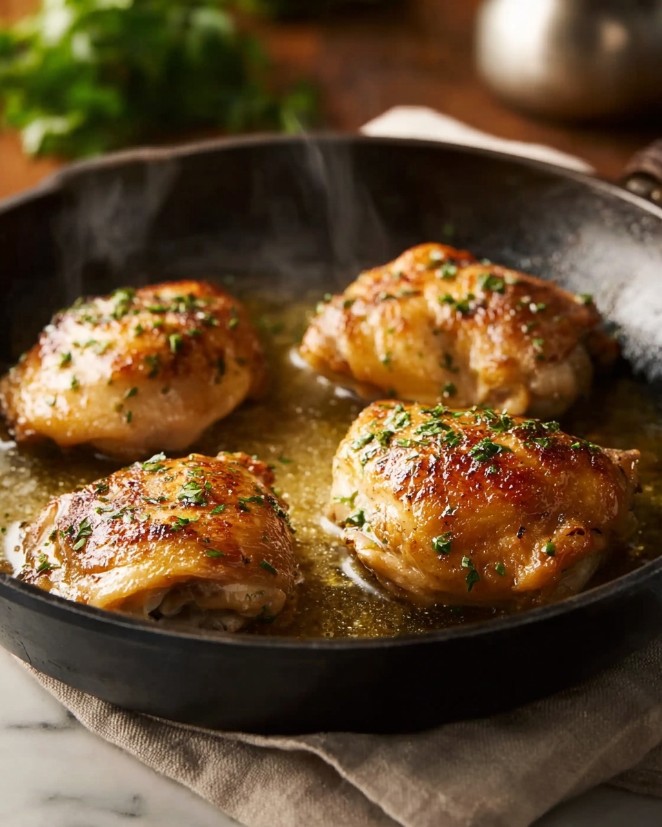 Four golden-brown cooked chicken pieces sit evenly spaced inside a black pan, each piece topped with small sprinkles of green herbs. Light steam rises above the chicken, and a shiny layer of oil or butter surrounds them, creating a glossy look. The pan rests on a beige cloth, with a blurred background that includes greens, all set on a white marbled surface. photo taken with an iphone --ar 4:5 --v 7