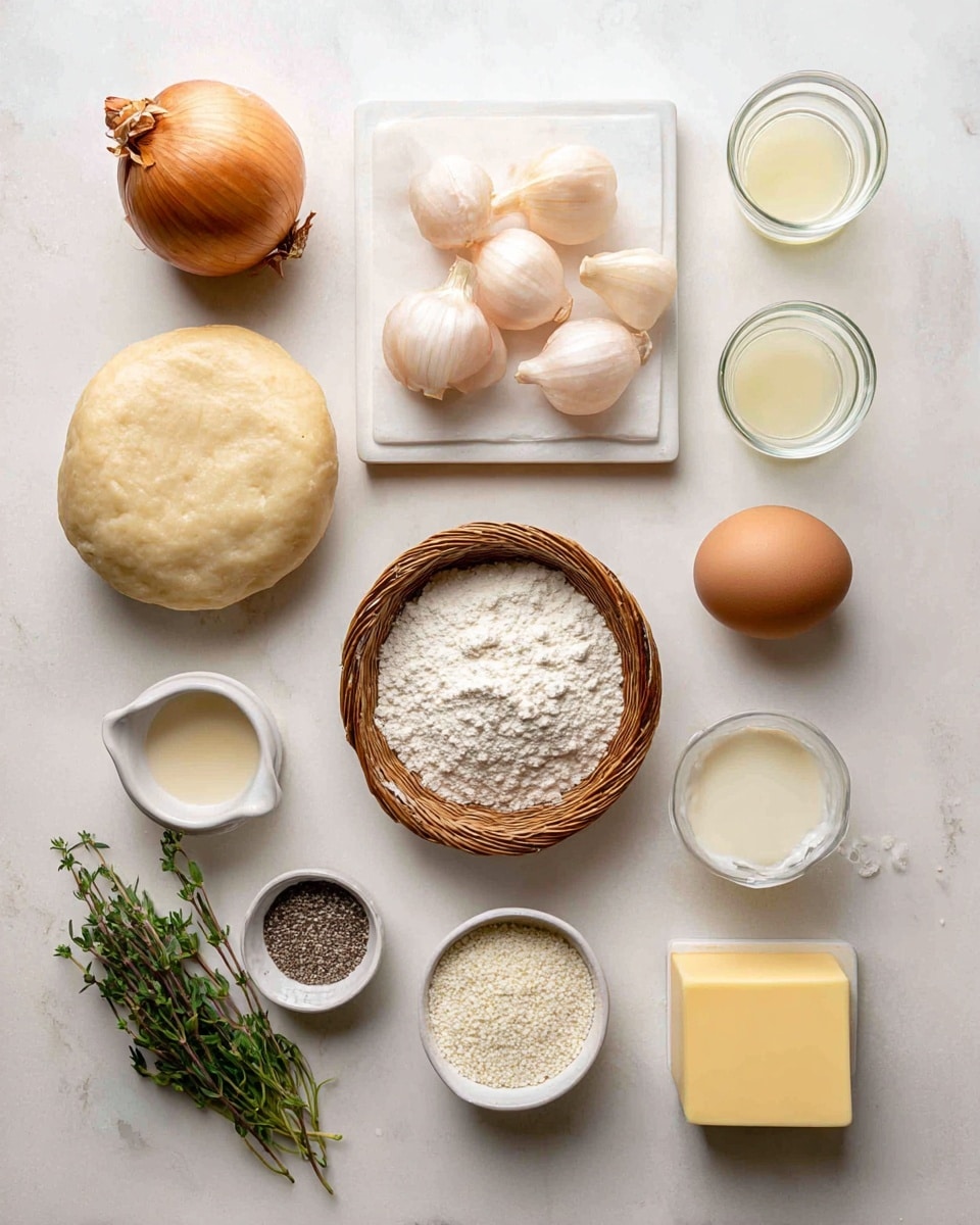 A flat square sheet of pale beige frozen puff pastry lies at the top left, while to its right, three raw chicken thighs with light pink skin and pale flesh rest on a white rectangular plate. Below the pastry, a small round basket filled with brown mushrooms with off-white stems is placed on a white marbled surface. To the right, a single brown egg sits next to a small glass bowl holding pale yellow Dijon mustard. Below the mustard, a small white rectangular dish contains a mound of plain white flour, while to the left, another similar dish holds a block of bright yellow butter. A silver measuring cup filled with thick heavy cream is positioned near small cloves of pinkish garlic and a whole golden-brown onion below. In the bottom middle, a small sprig of fresh green thyme lies near a clear bowl containing coarse salt and black peppercorns. Two translucent glasses filled with pale yellow chicken stock sit near the top right corner. All elements rest neatly spaced on a white marbled texture background photo taken with an iphone --ar 4:5 --v 7