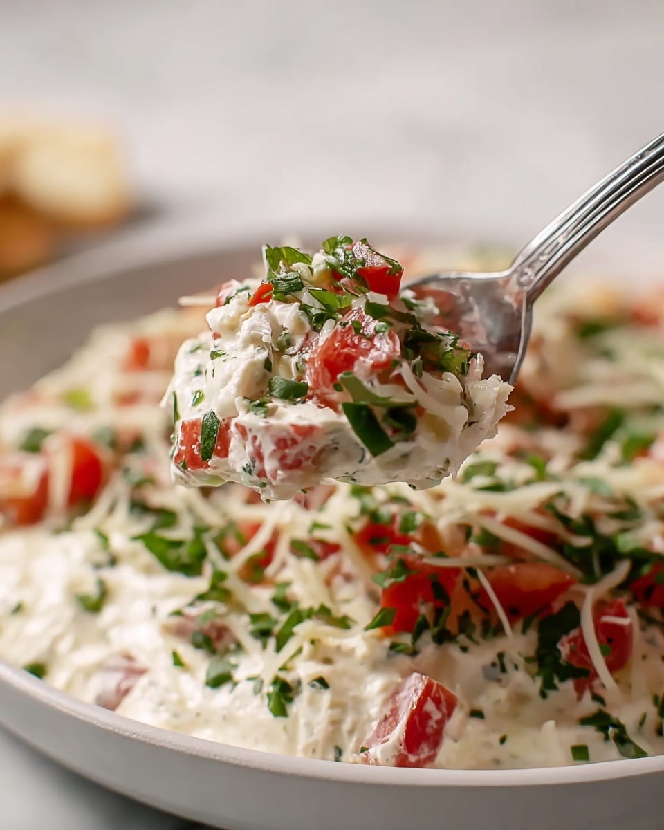 A spoonful of creamy dip lifted above a white plate on a white marbled surface shows a mix of small diced red tomatoes, finely shredded white cheese, and chopped green herbs evenly spread in a thick white creamy base. The dip on the plate is garnished with more shredded cheese and chopped herbs, creating a fresh and colorful contrast with the creamy base. Photo taken with an iphone --ar 4:5 --v 7