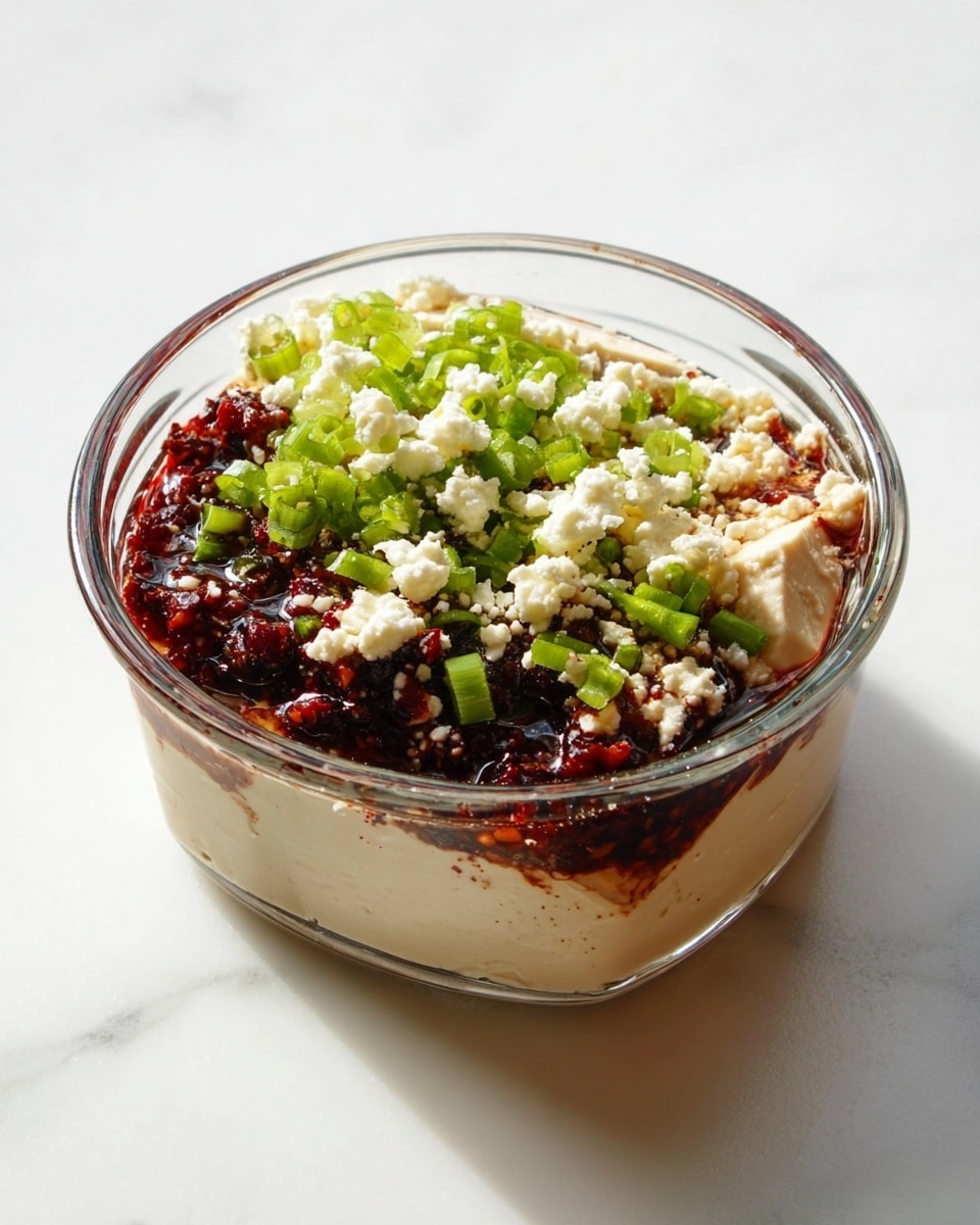 A clear glass bowl on a white marbled surface holds a simple layered dish with three visible layers: at the bottom is a smooth, pale beige tofu block with a soft texture, topped with a dark red, finely chopped or minced mixture that looks moist and glossy, possibly a sauce or cooked ingredient. The top layer is sprinkled with small crumbles of white cheese and bright green chopped scallions spread evenly over the dark red layer, adding texture and contrasting colors. The lighting is bright and natural, highlighting the colors clearly. photo taken with an iphone --ar 4:5 --v 7