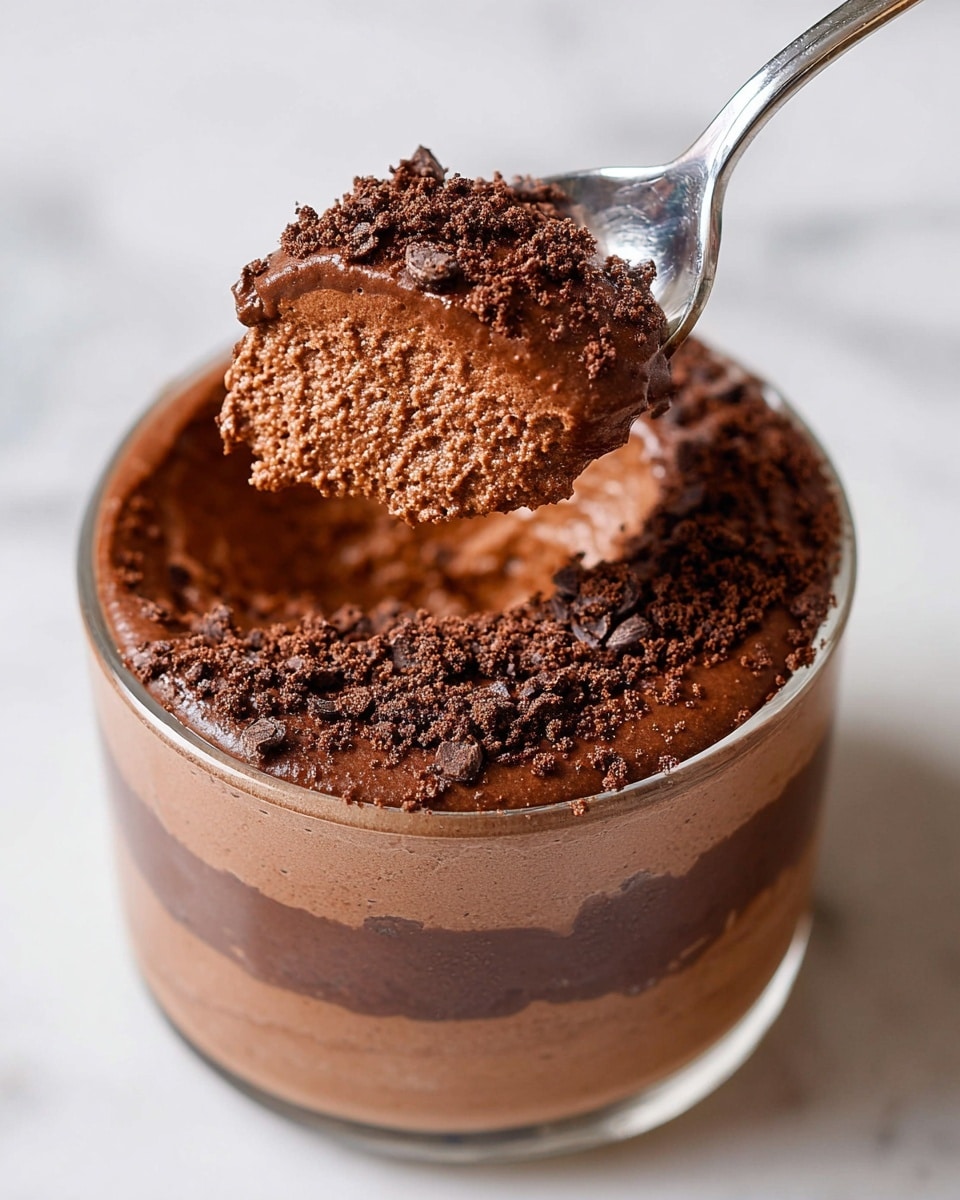 The image shows a single round clear glass container filled with smooth, rich chocolate mousse. The mousse has two visible layers: the bottom layer is dense and creamy dark brown chocolate, and the top layer is a lighter brown chocolate mousse with a slightly fluffy texture. The top is sprinkled with finely crumbled chocolate bits, adding a textured, crumbly dark brown surface. A shiny silver spoon holds a scoop of the mousse above the container, showing the layers and texture clearly. The container is placed on a white marbled background. Photo taken with an iphone --ar 4:5 --v 7