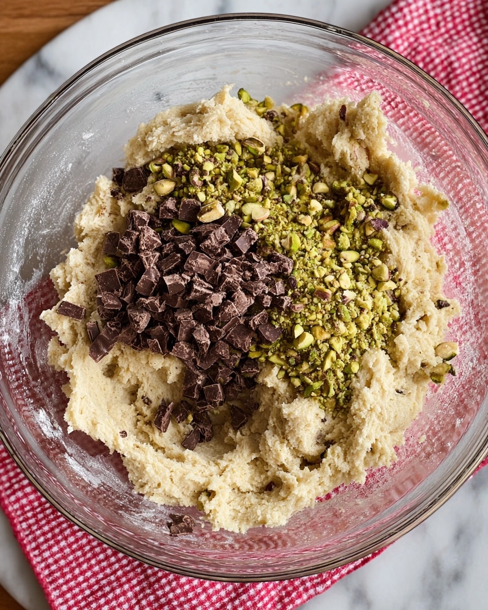 A clear glass bowl contains a thick, beige dough mixture with a rough texture. On top of the dough, there are two distinct piles: one side is filled with chopped dark brown chocolate chunks, and the other side is filled with crushed green pistachio nuts. The bowl sits on a white marbled surface with a red and white checkered cloth partially visible underneath. Photo taken with an iphone --ar 4:5 --v 7