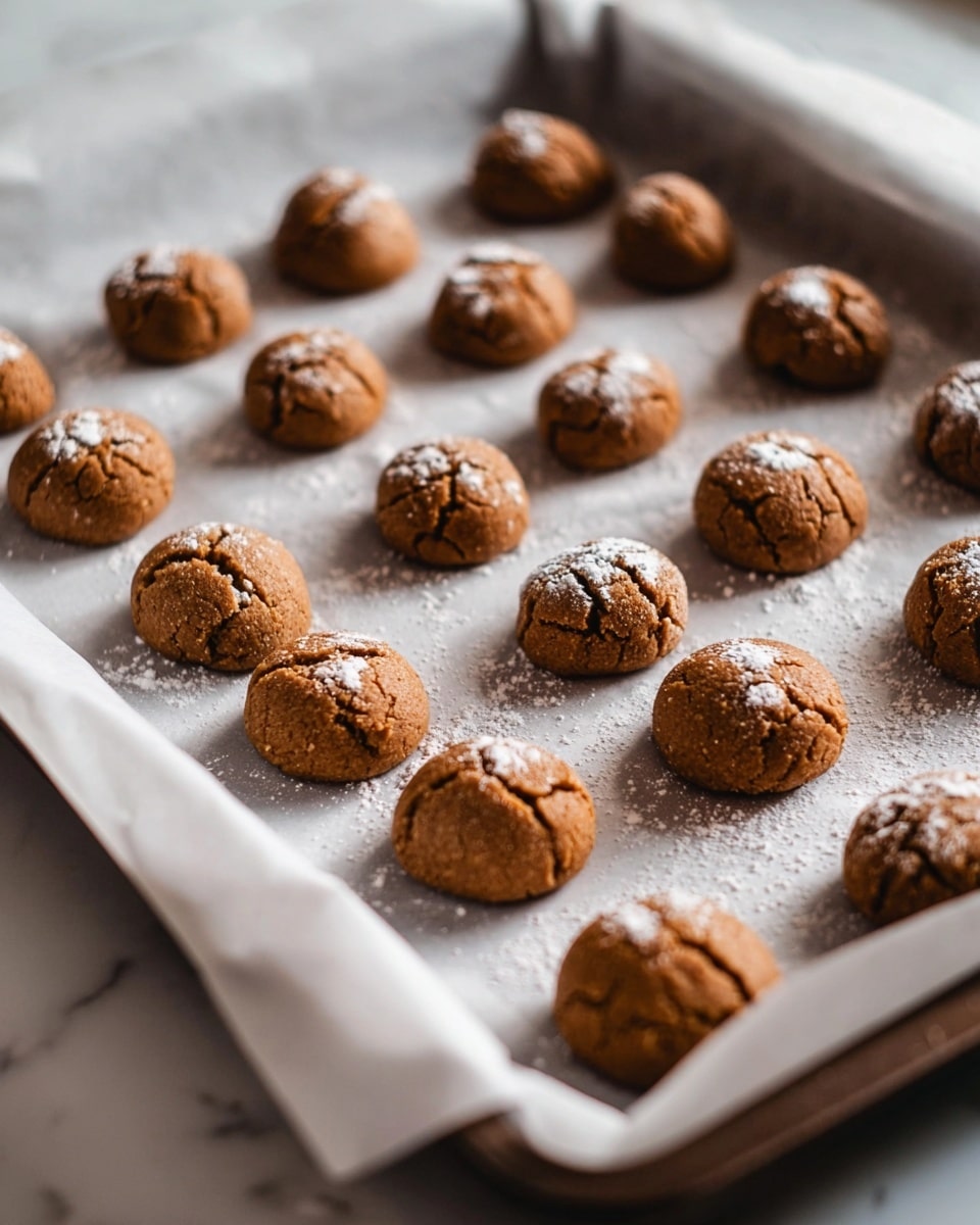 The image shows a baking tray lined with white parchment paper, holding 16 round brown cookie dough balls arranged in four rows. Each dough ball has a cracked texture on the surface with some white flour sprinkled around and on top of a few balls. The tray is placed on a white marbled surface, and soft natural light shines from the side, casting gentle shadows around the dough balls photo taken with an iphone --ar 4:5 --v 7