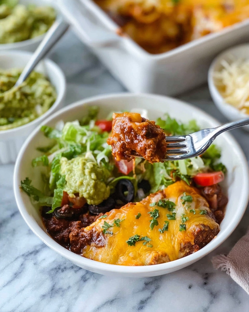 A white bowl filled with layers of food including a base of dark brown chili with visible meat texture on one side, topped with melted golden yellow cheese with some green herbs sprinkled over. Beside the chili is a portion of fresh green lettuce mixed with black olives and small red tomato pieces. On top of the bowl, a silver fork holds a bite showing cheese, chili, a bit of lettuce, and a dollop of light green guacamole. The background shows a white bowl with more green guacamole and another white dish with some shredded cheese on a white marbled surface. Photo taken with an iphone --ar 4:5 --v 7