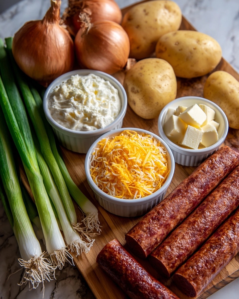 The image shows a wooden board with fresh ingredients arranged neatly on a white marbled surface. There are four yellow potatoes with a light brown skin at the back right, and three whole sausages with a reddish-brown, slightly textured outer layer at the front right. Two white ramekins sit in the center; one filled with shredded orange and white cheddar cheese, and the other with white sour cream topped with small butter chunks. Behind the ramekins, three brown onions and one red onion are placed. On the left side, there are several bright green spring onions with white bulbs. The overall scene is colorful with clear details and natural textures, photo taken with an iphone --ar 4:5 --v 7