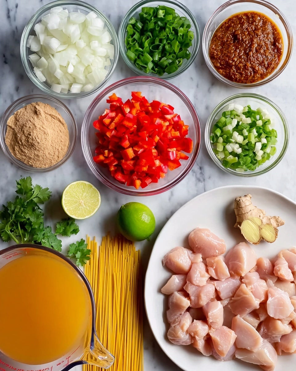 The image shows a white plate filled with small pieces of raw light pink chicken placed in the lower right corner. Above the plate is a whole piece of ginger root and a thick slice of ginger. To the left side of the chicken plate, there is a small glass bowl filled with bright red chopped bell peppers. Above the red peppers is another small glass bowl filled with chopped green onions, with vibrant green colors. Above that is a slightly larger glass bowl with thick, dark reddish-brown paste. To the left of the paste is a small glass bowl with light brown sugar. On the upper left corner, there is a larger glass bowl filled with finely chopped white onions. Below the onions is a bunch of fresh green cilantro next to a whole lime and a lime half. At the bottom left is a clear measuring cup filled with orange-colored broth and uncooked light yellow noodles placed next to it. There are three garlic cloves placed between the noodles and chicken plate. All the items are arranged on a white marbled surface. Photo taken with an iphone --ar 4:5 --v 7