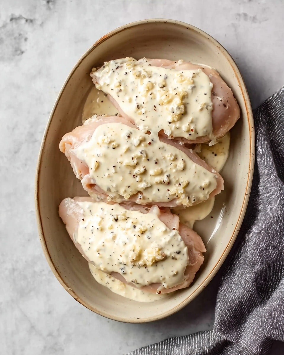 The image shows a beige oval plate on a white marbled surface with two raw chicken pieces placed side by side. Each chicken piece is covered with a thick, creamy white sauce that has small black pepper flakes and some visible finely chopped ingredients, giving the sauce a textured look. The chicken has a smooth and pale pink color beneath the sauce. On the right edge, a gray cloth napkin is partly visible. photo taken with an iphone --ar 4:5 --v 7