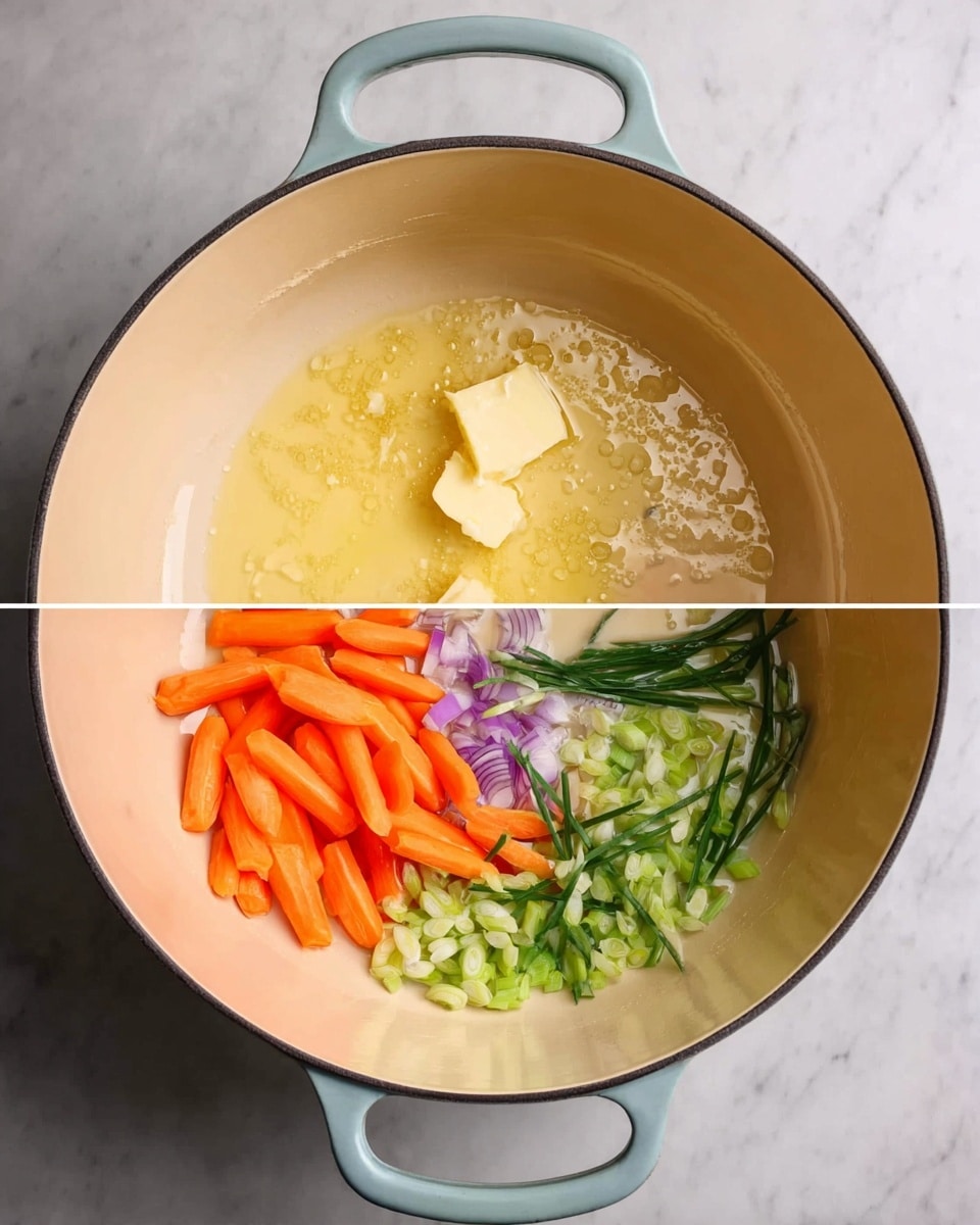 A light cream-colored pot with two handles shows melted butter forming a shiny, smooth pool in the center. In the next scene, the butter is partially hidden beneath a layer of mixed vegetables: bright orange carrot slices on one side and chopped green spring onions with hints of white and purple on the other, all resting evenly inside the pot. The pot sits on a white marbled surface. photo taken with an iphone --ar 4:5 --v 7