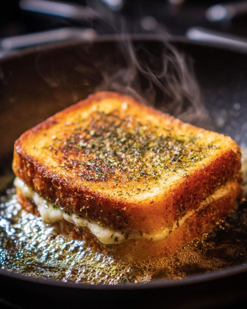 A thick piece of golden-brown toasted sandwich is frying in a black pan. The sandwich has two layers of bread, each with a crispy crust and a warm, slightly rough texture. Between the bread layers, melted cheese is oozing out slightly, soft and creamy white in color. The outside of the sandwich is sprinkled with green herbs and black pepper, giving a speckled appearance. Steam rises gently from the sandwich, indicating it is hot and fresh. The pan’s surface shines with melted butter bubbling around the sandwich, adding a rich texture. photo taken with an iphone --ar 4:5 --v 7